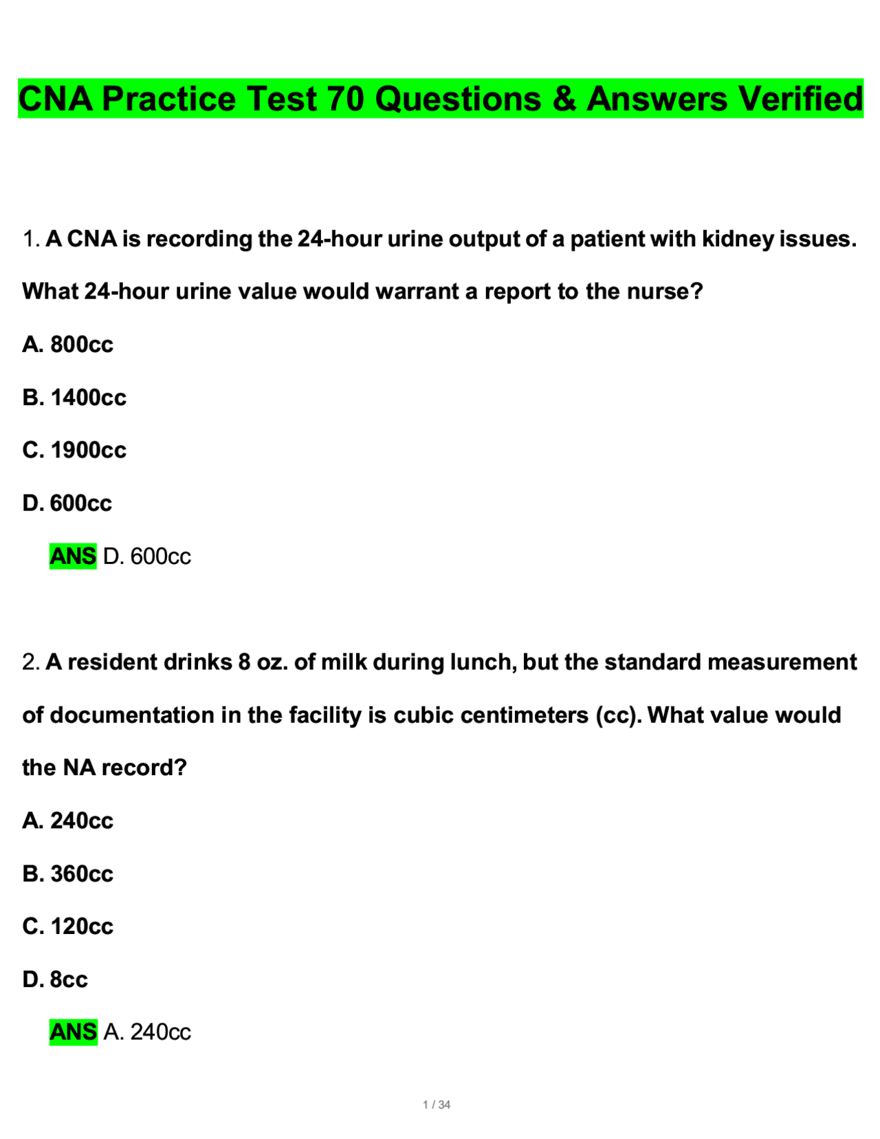 cna-practice-test-70-questions-revised-answers-2025-2026-100-guarantee-pass-exams-nursing-docsity for Printable Cna Study Guide Free CNA PRACTICE TEST (70 Questions) & Revised Answers (2025/2026) 100% Guarantee Pass | Exams Nursing | Docsity for Printable Cna Study Guide Free