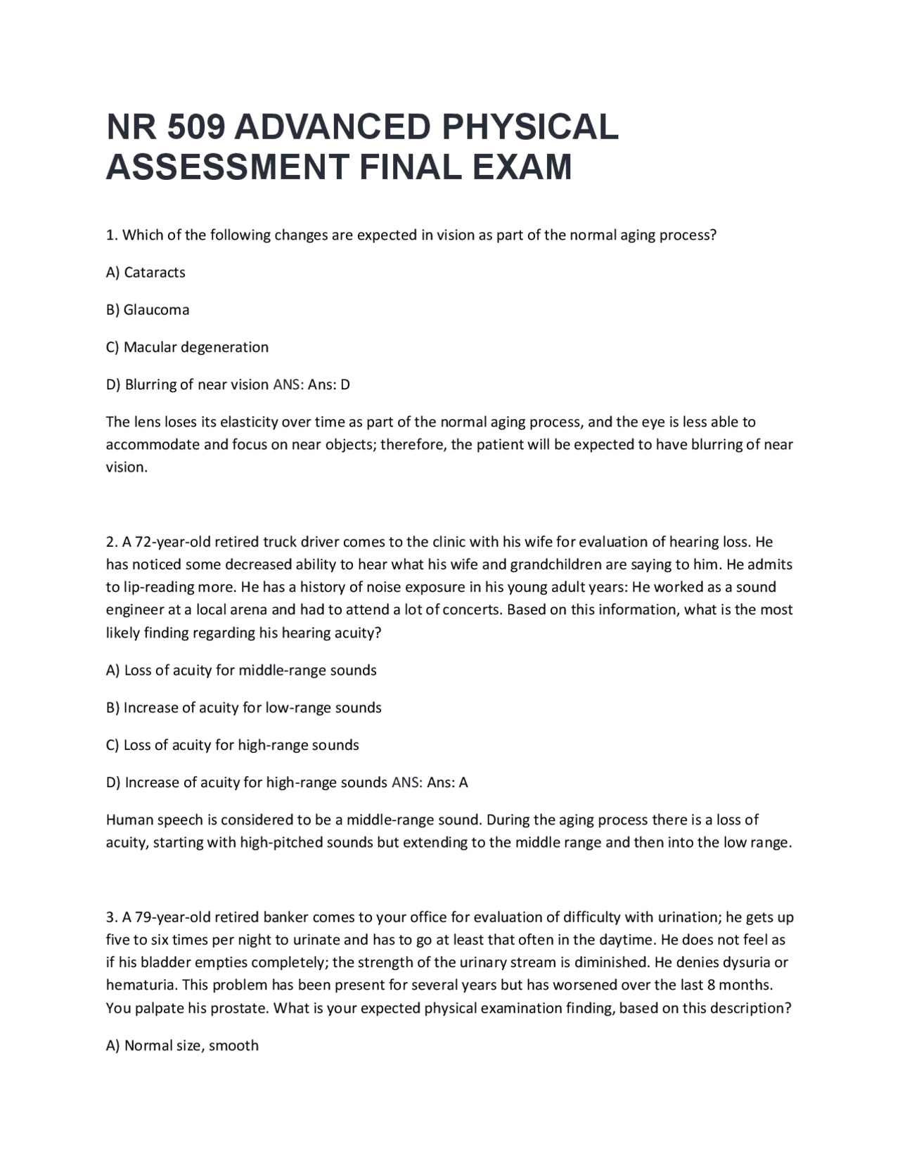 Advanced Physical Assessment Final Exam: Multiple Choice Questions and ...
