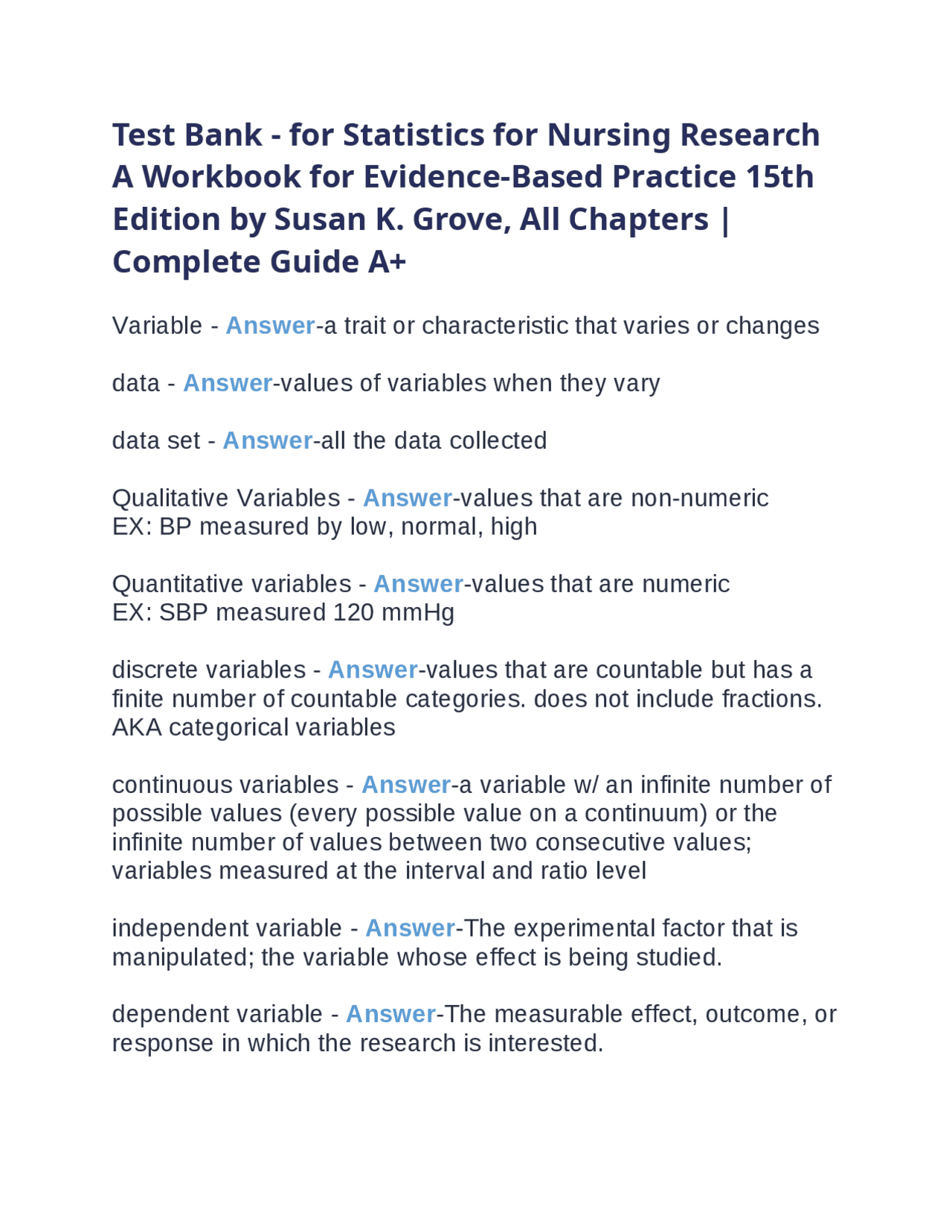 Test Bank - for Statistics for Nursing Research A Workbook for Evidence ...