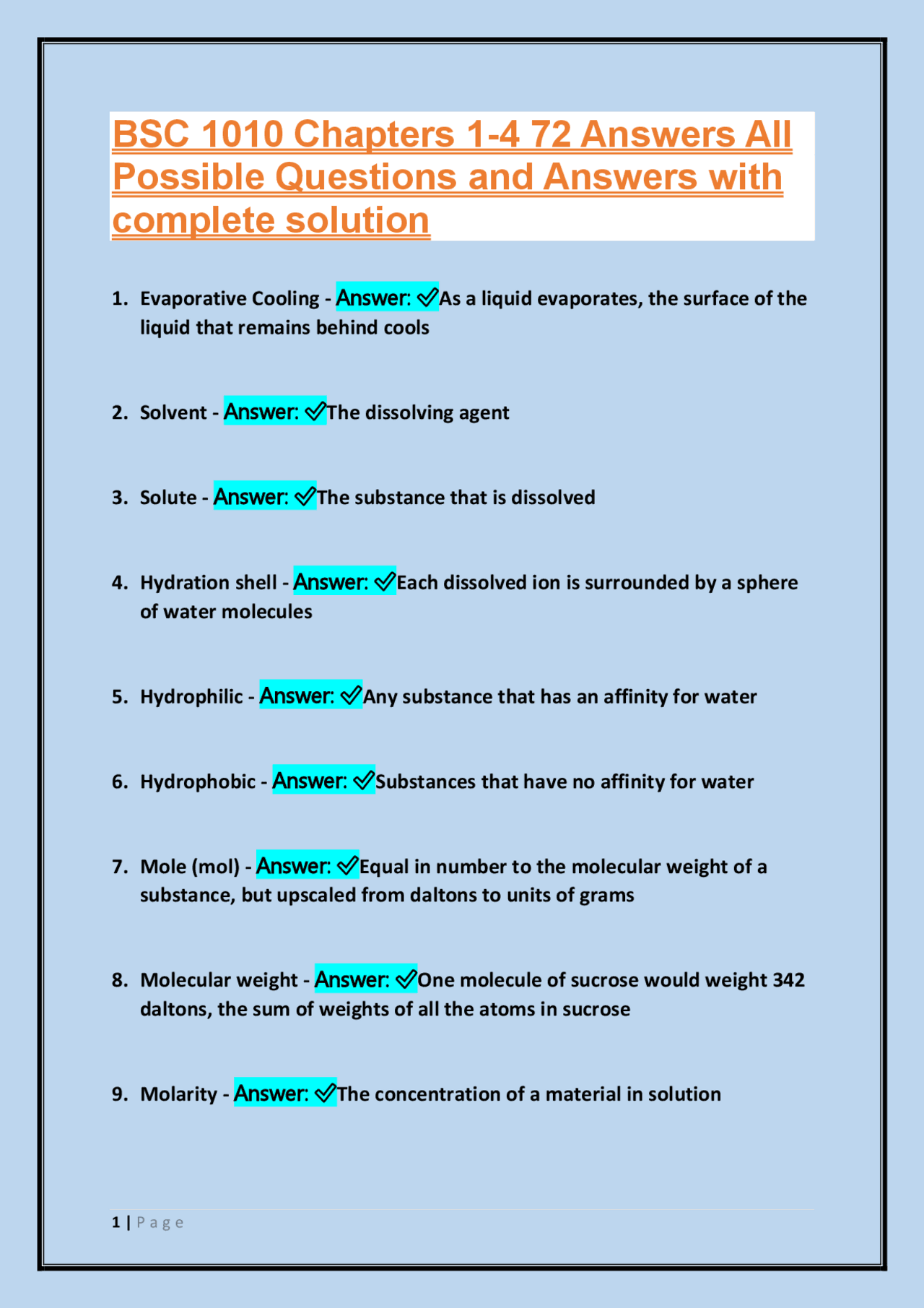 BSC 1010 Chapters 1-4: Complete Solutions and Answers to All Possible ...