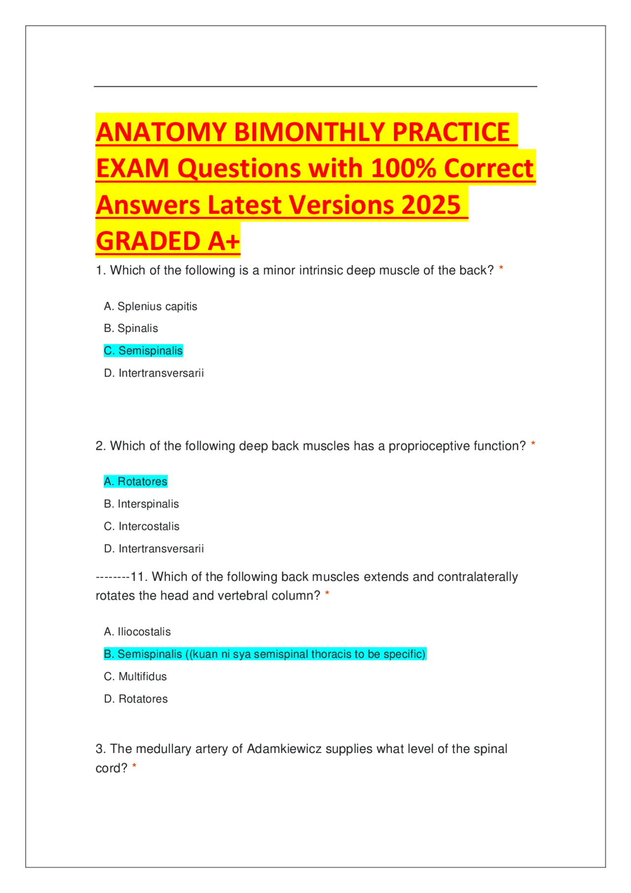 ANATOMY FINAL EXAM Questions with 100% Answers Latest Versions 2025 ...