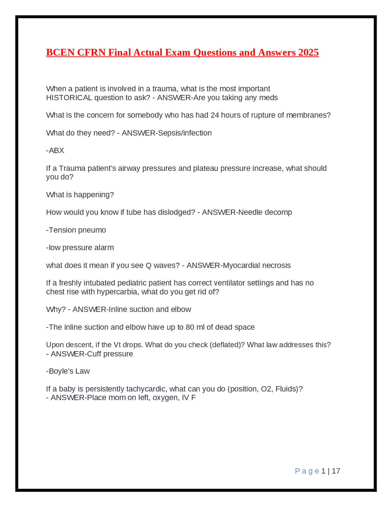 BCEN CFRN Final Exam Questions & Answers 2025: Critical Care Review ...