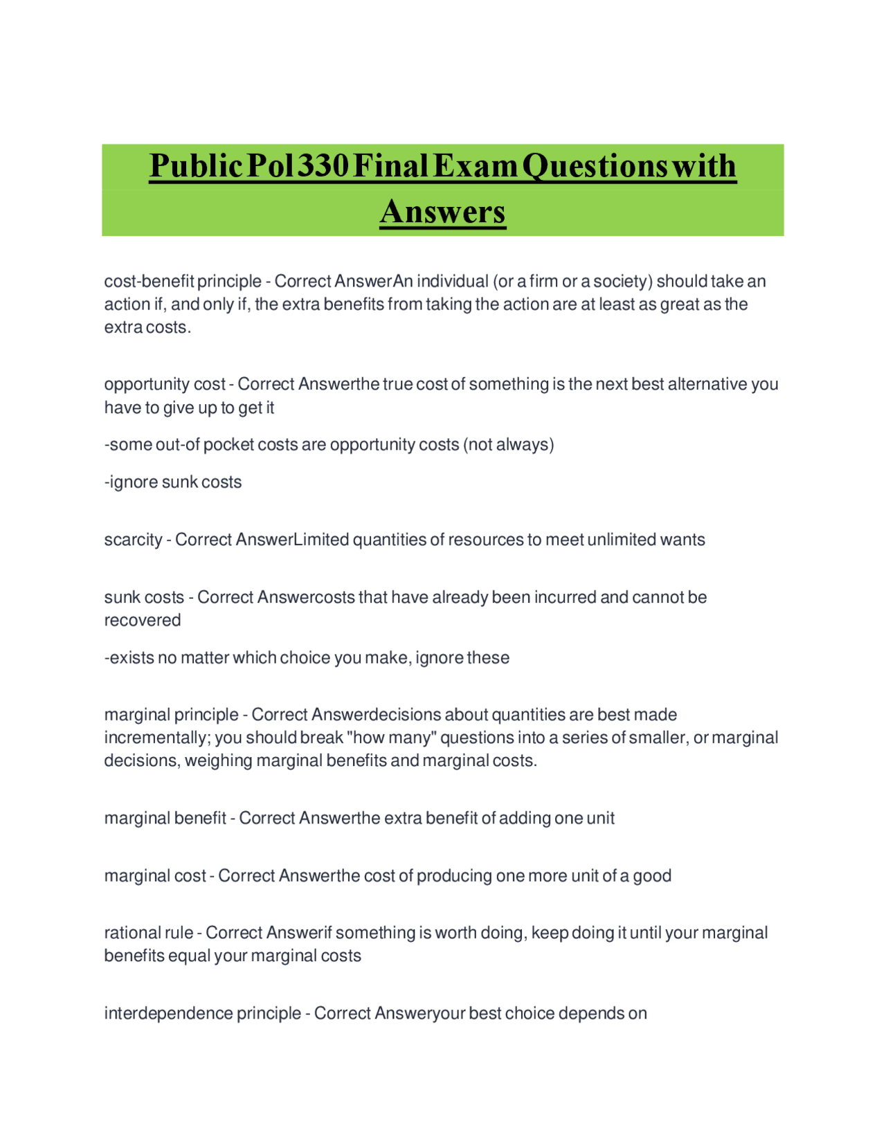 Public Policy 330 Final Exam Questions and Answers: Key Economic ...