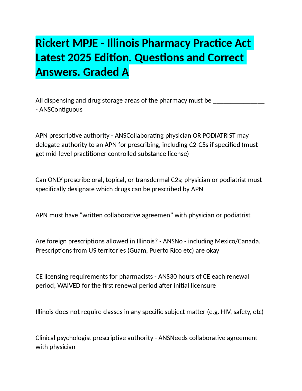 Rickert MPJE - Illinois Pharmacy Practice Act Latest 2025 Edition ...