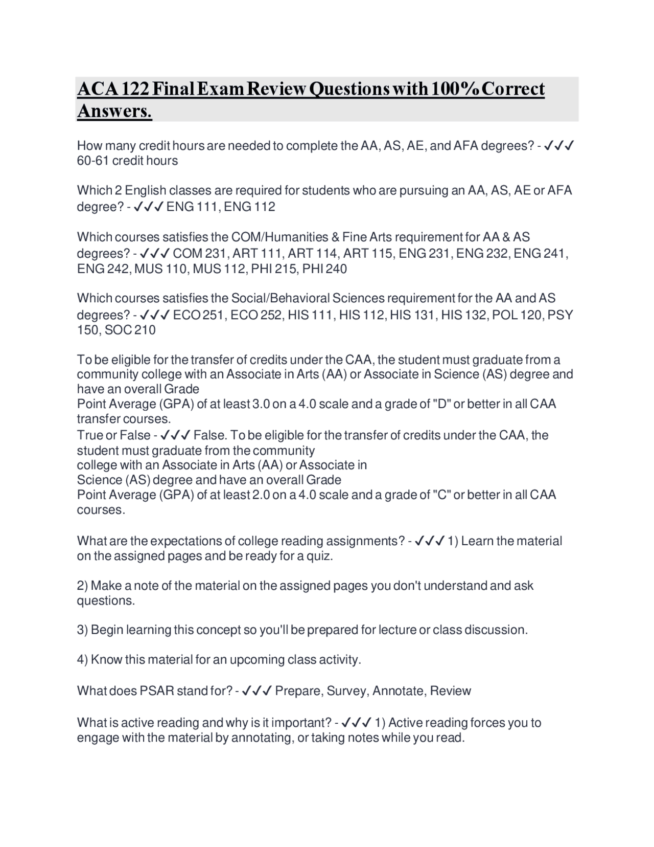 ACA 122 Final Exam Review Questions with 100% Correct Answers. | Exams ...