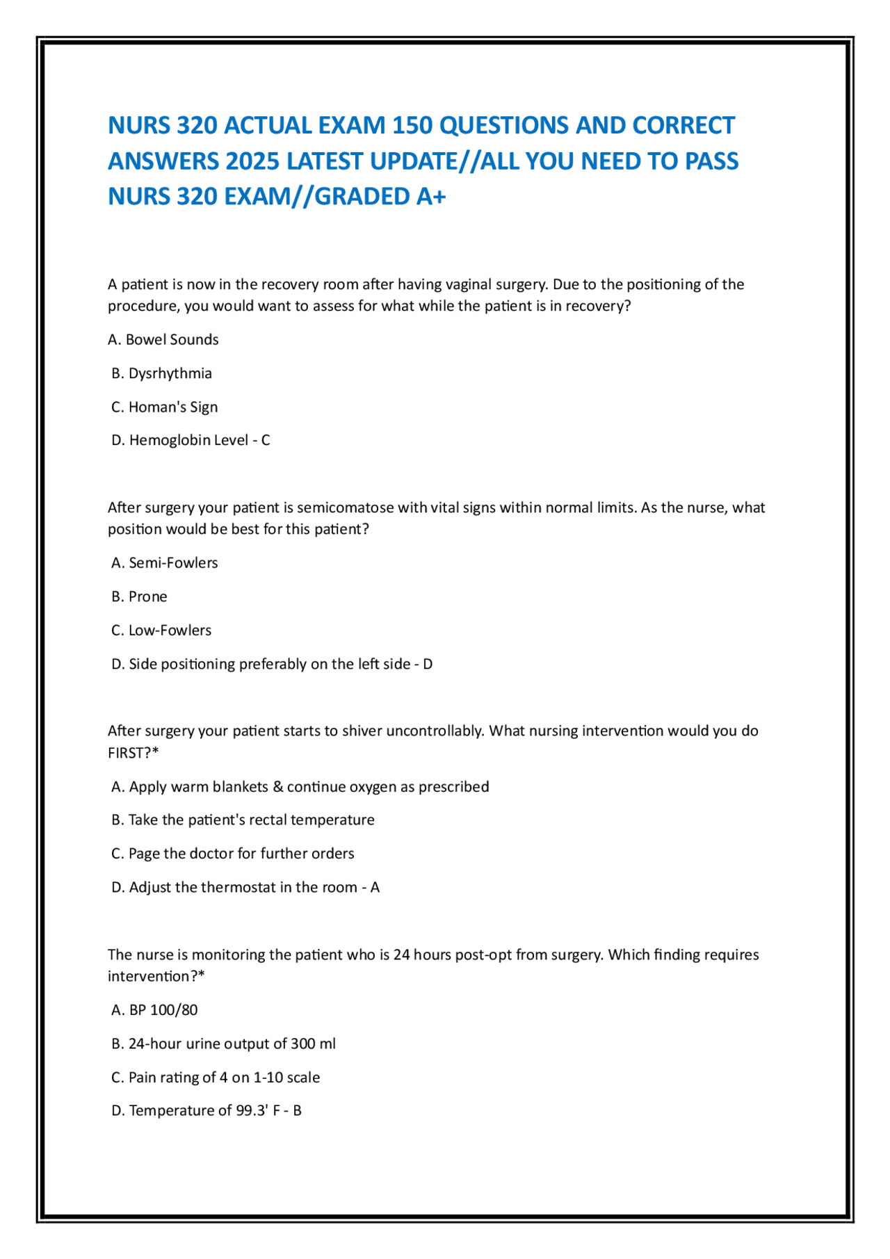 NURS 320 ACTUAL EXAM 150 QUESTIONS AND CORRECT ANSWERS 2025 LATEST ...