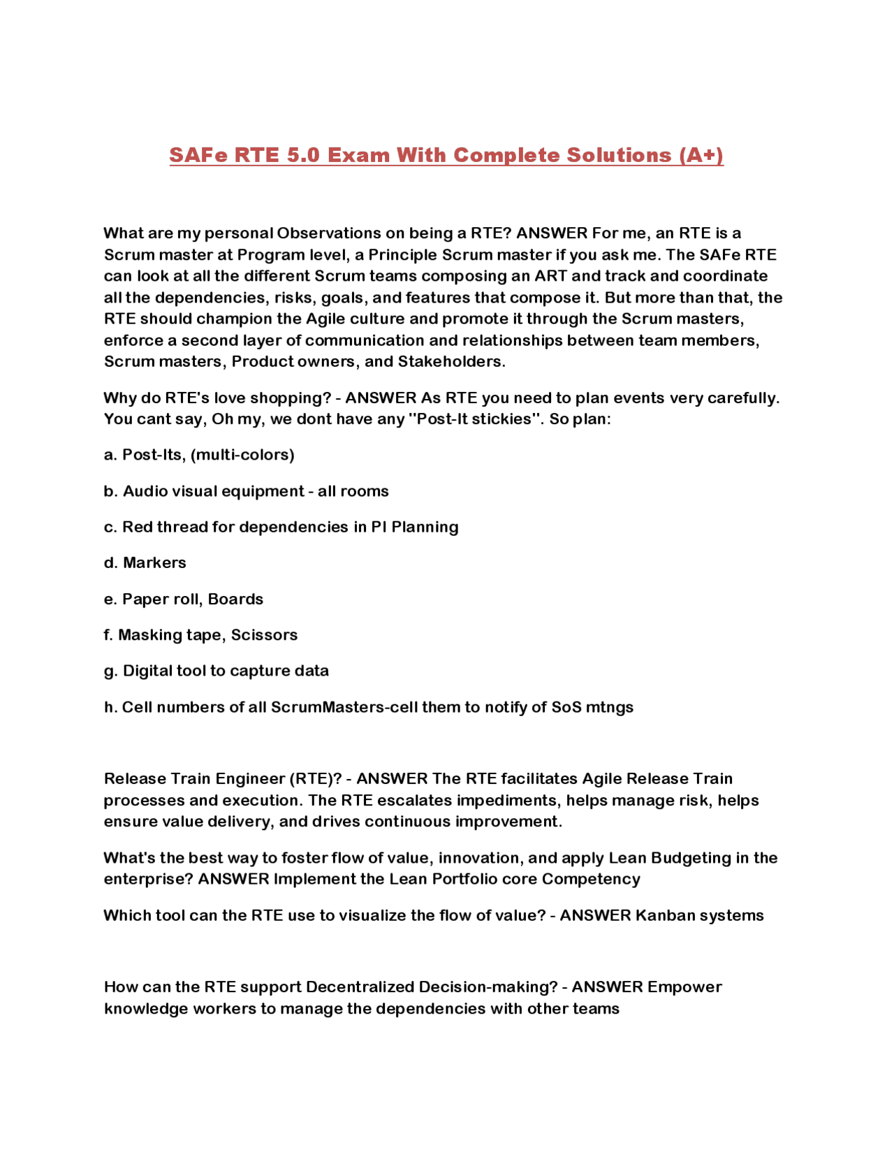 SAFe RTE 5.0 Exam With Complete Solutions (A+): Questions and Answers ...