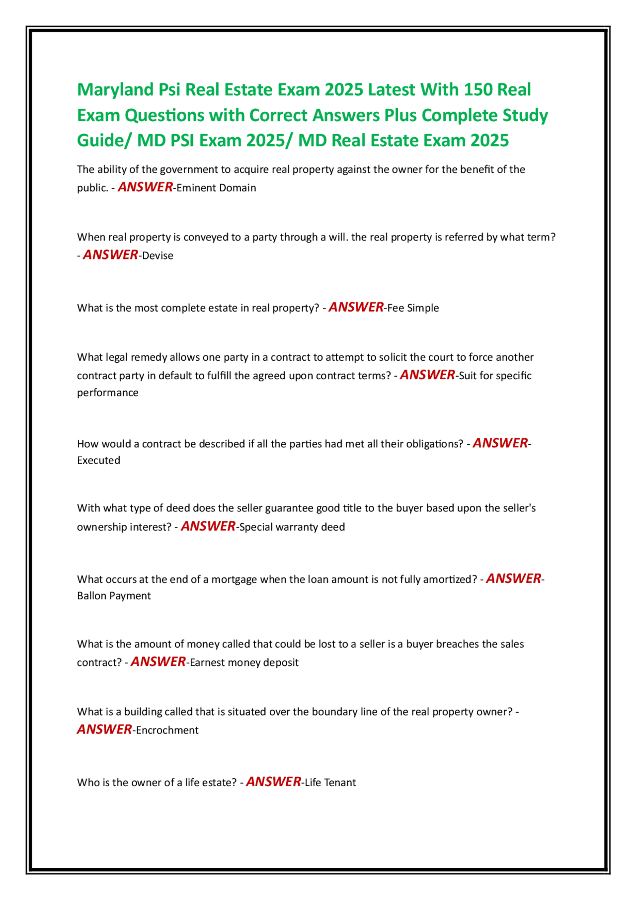 Maryland Real Estate Exam 2025 150 Practice Questions and Answers