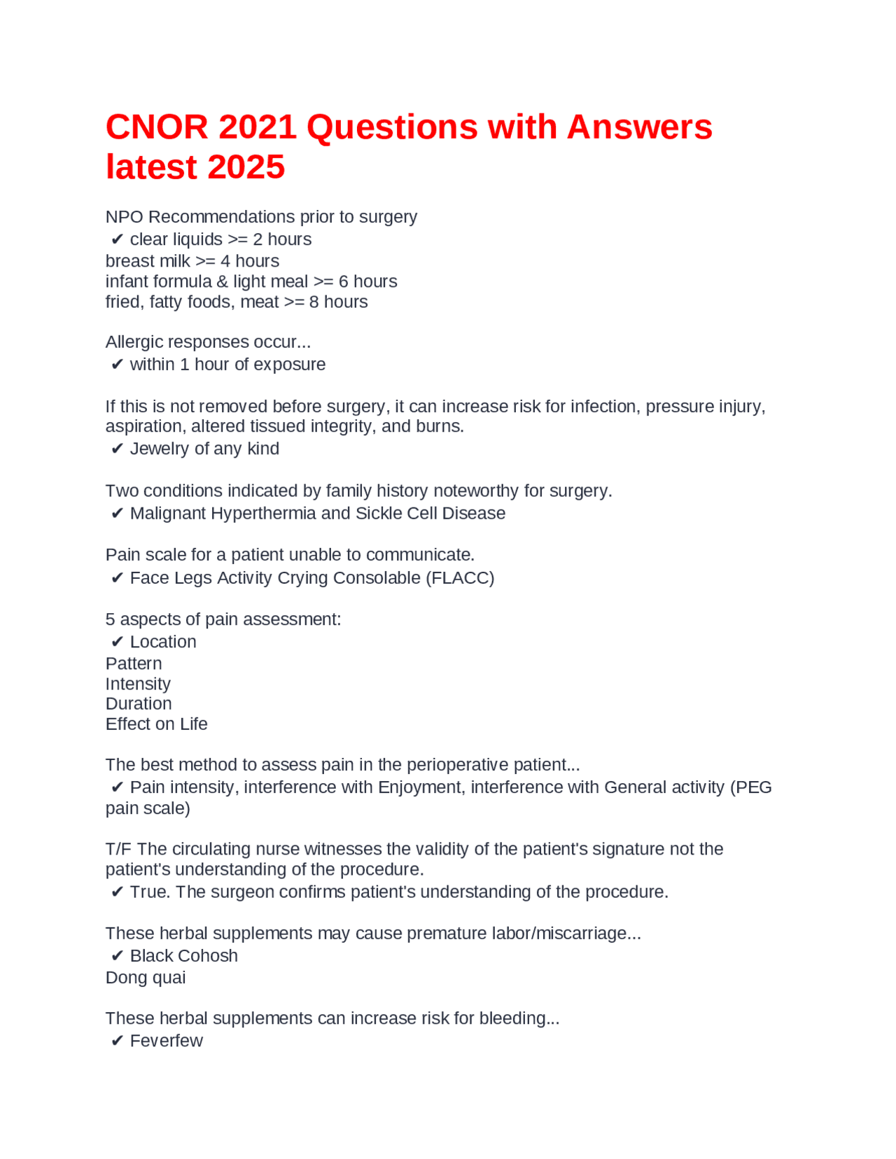 CNOR 2021 Questions with Answers latest 2025 | Exams Nursing | Docsity