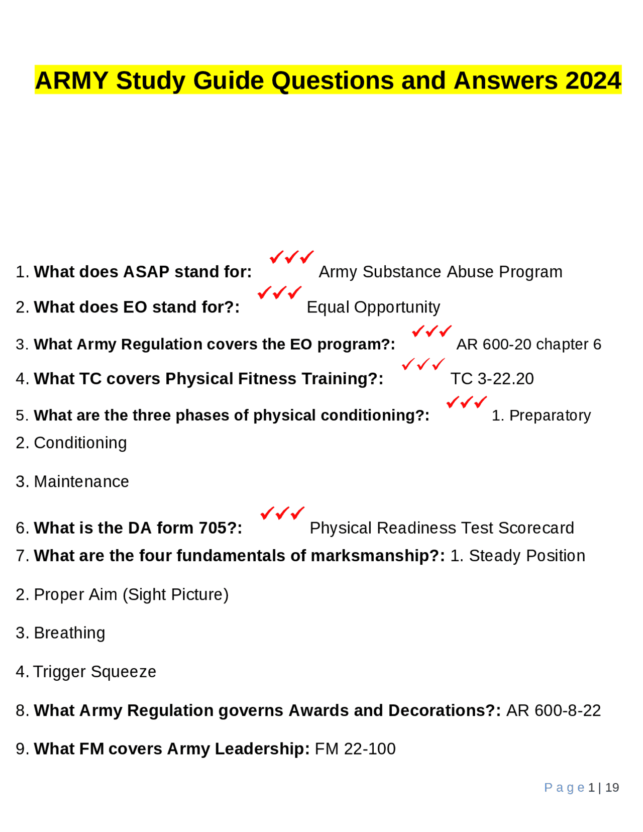 ARMY Study Guide Questions and Answers 2024 | Exams Nursing | Docsity