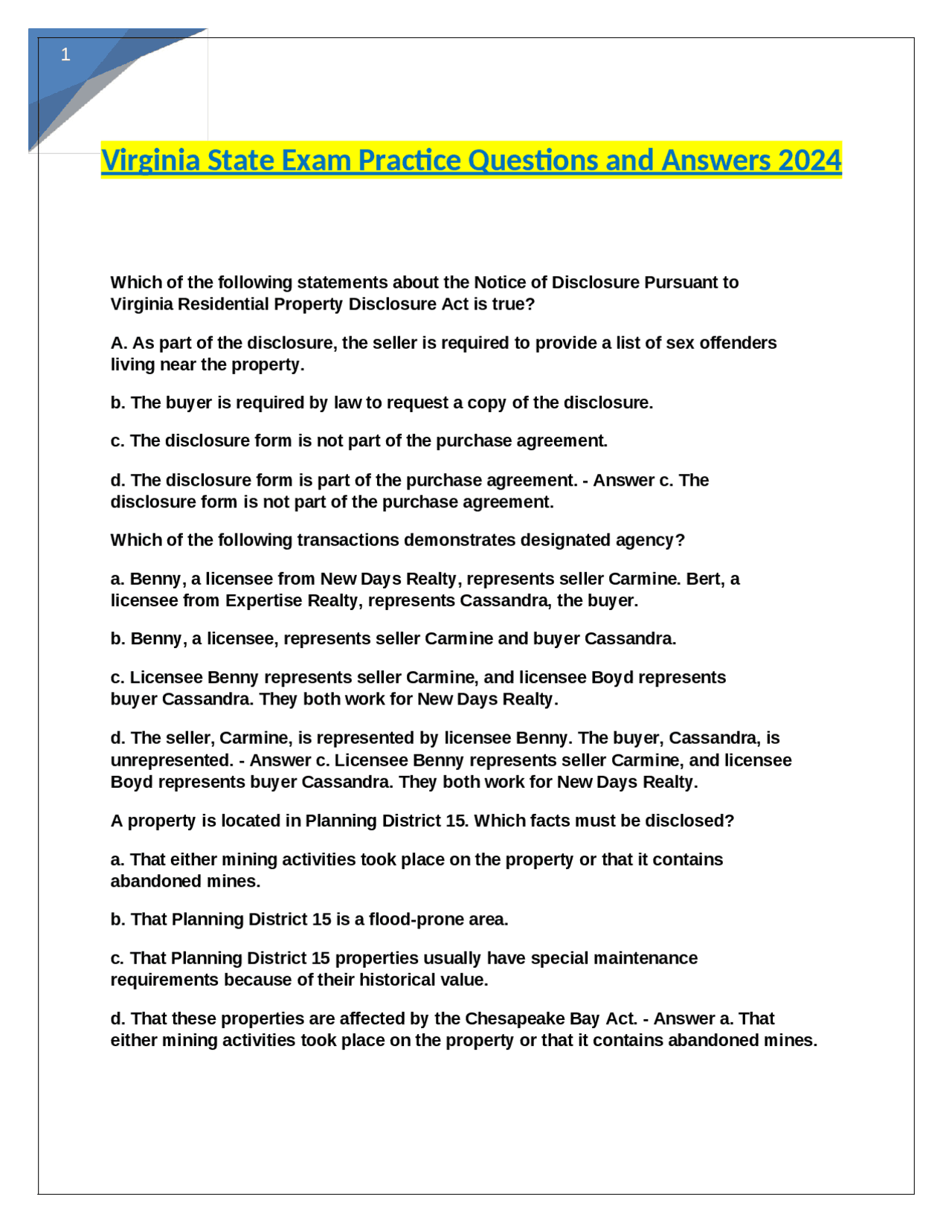 Virginia Real Estate Exam Practice Questions and Answers 2024 Exams