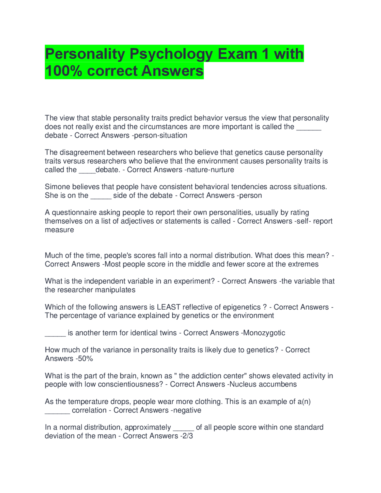 Personality Psychology Exam 1 with 100% Correct Answers | Exams Nursing ...