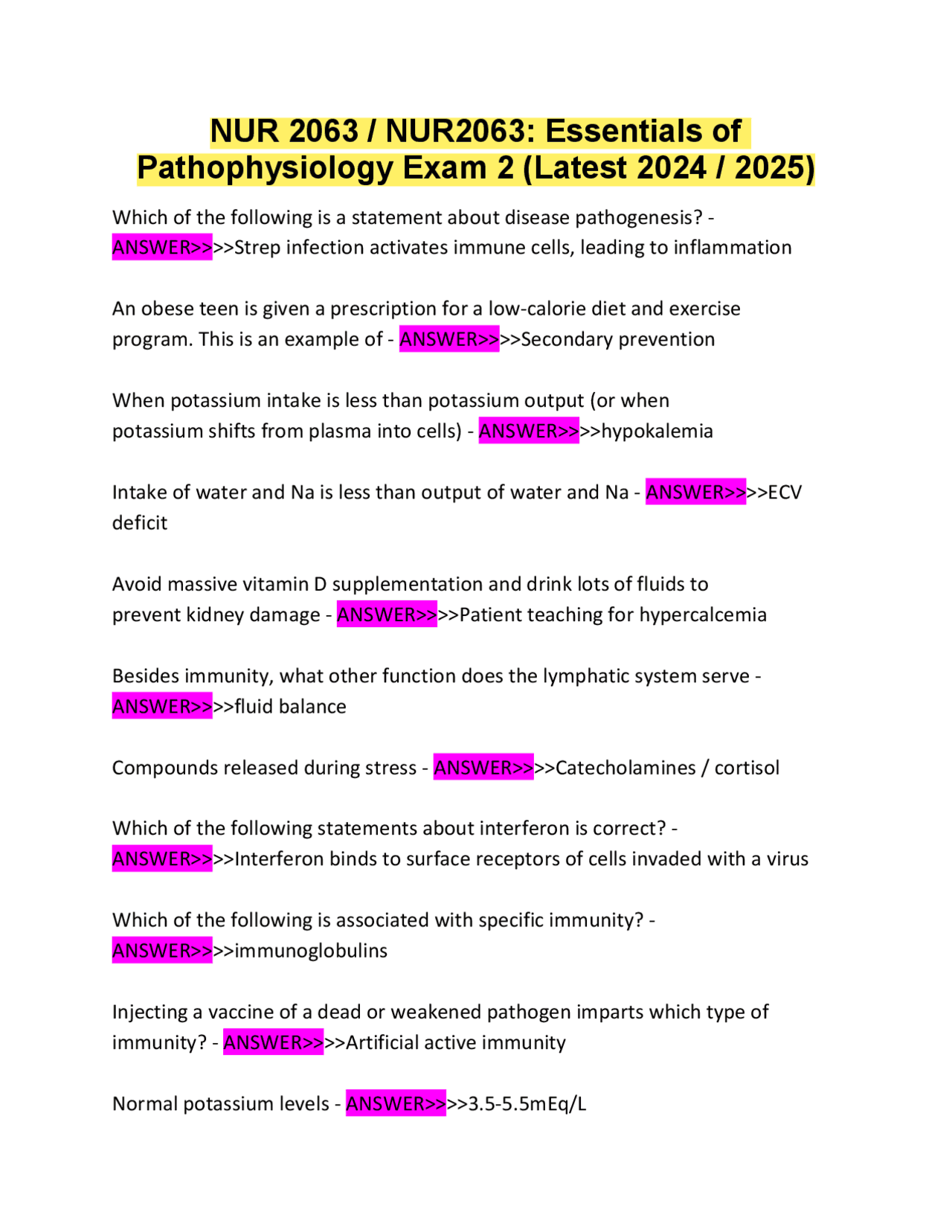 NUR 2063 / NUR2063: Essentials of Pathophysiology Exam 2 (Latest 2024 / ...