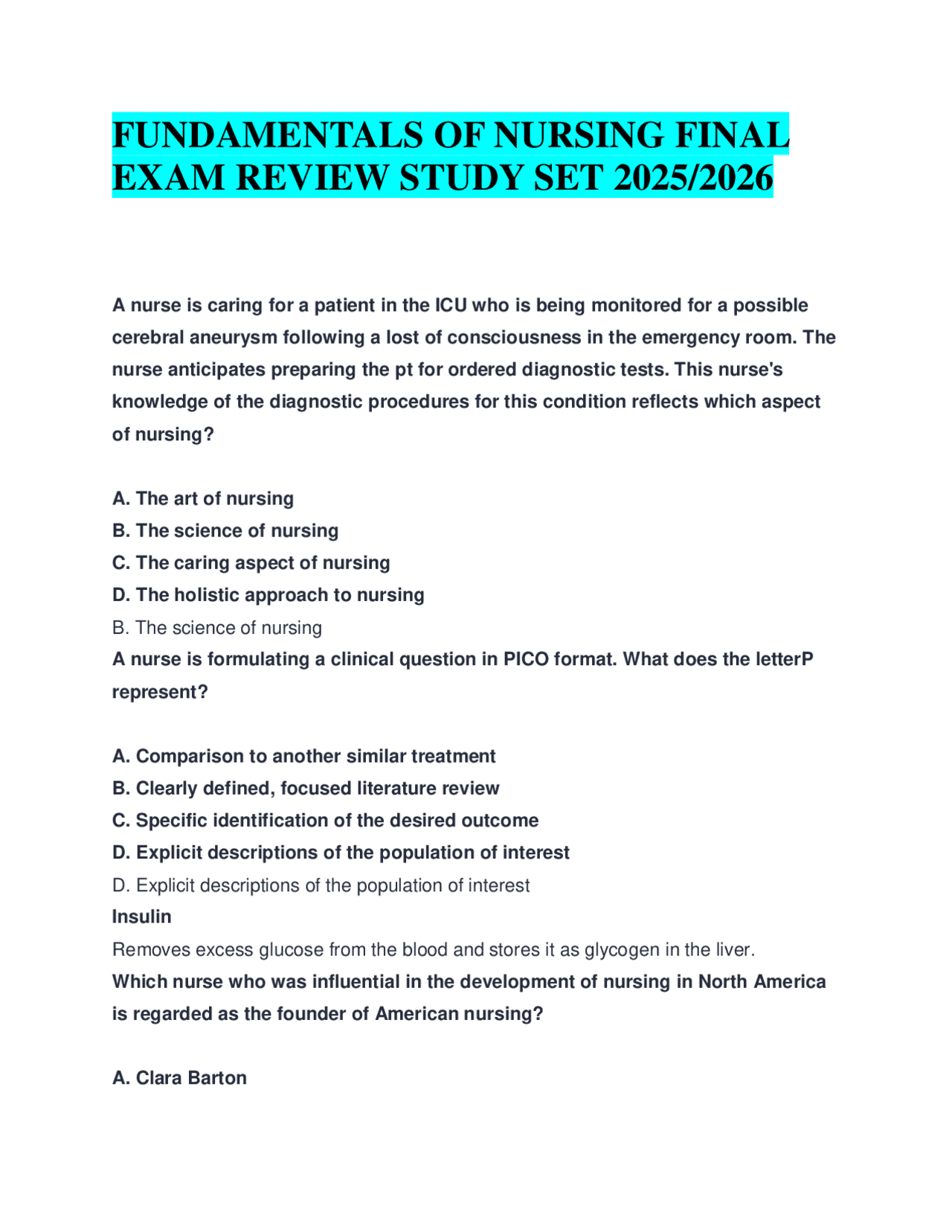 FUNDAMENTALS OF NURSING FINAL EXAM REVIEW STUDY SET 2025/2026 | Exams ...