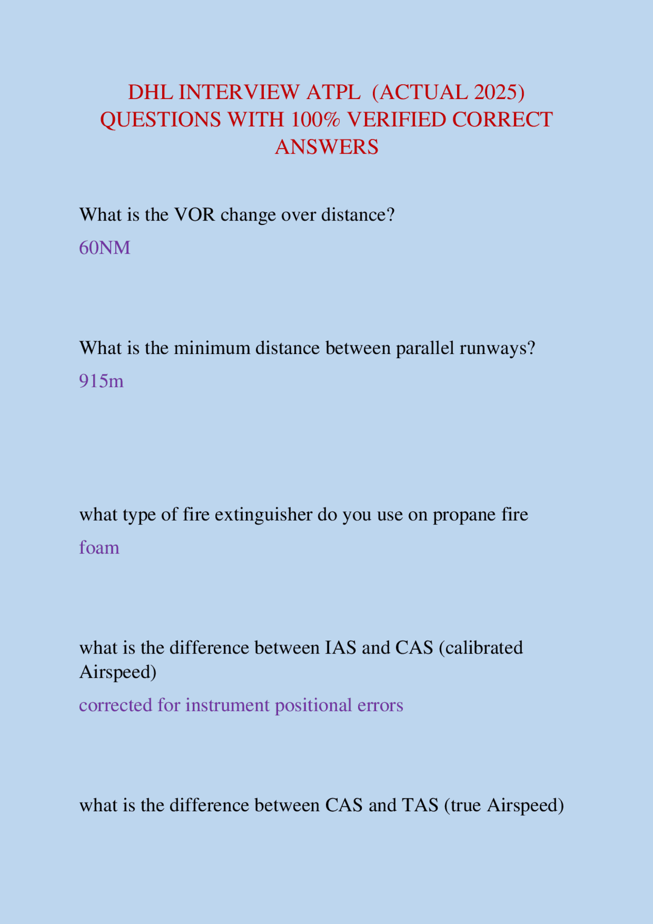 DHL INTERVIEW ATPL (ACTUAL 2025) QUESTIONS WITH 100% VERIFIED CORRECT ...