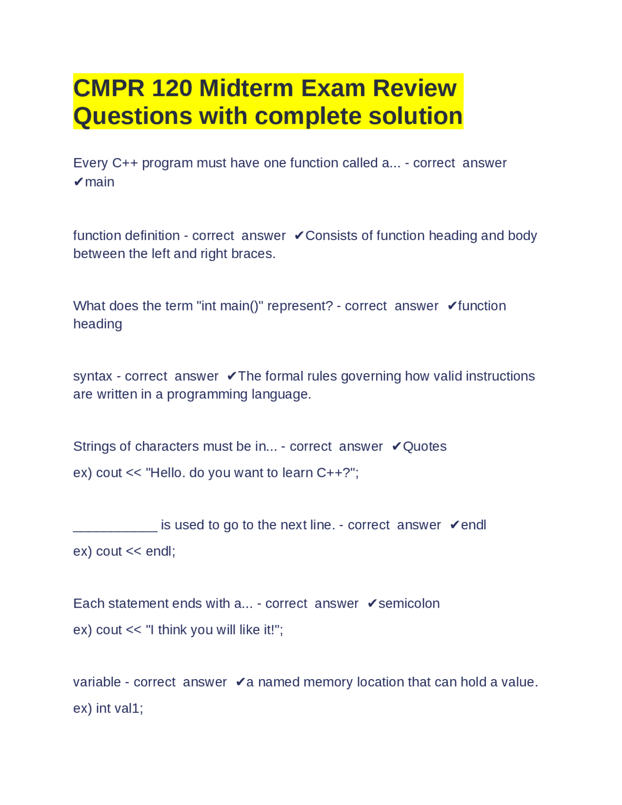 CMPR 120 Midterm Exam Review: C++ Programming Fundamentals | Exams ...