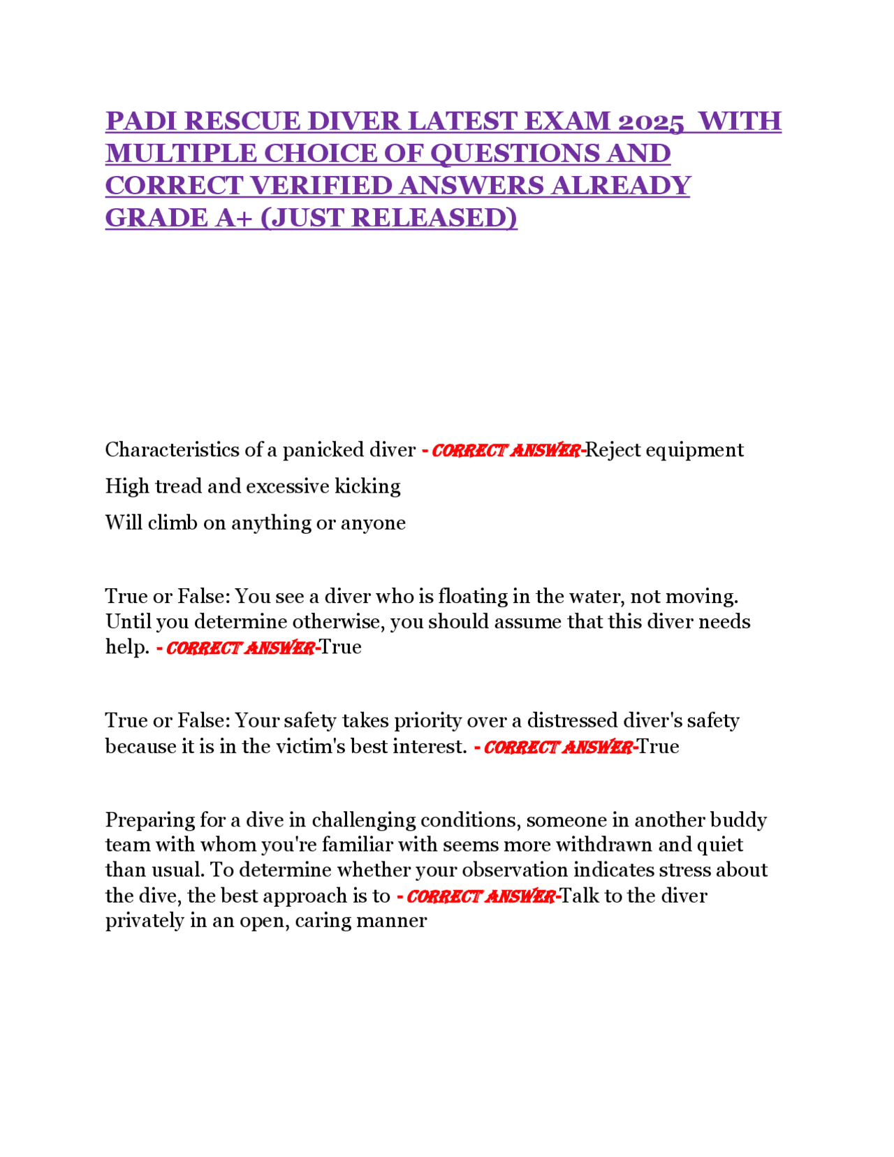 PADI Rescue Diver Exam Questions and Answers | Exams Performing Arts | Docsity