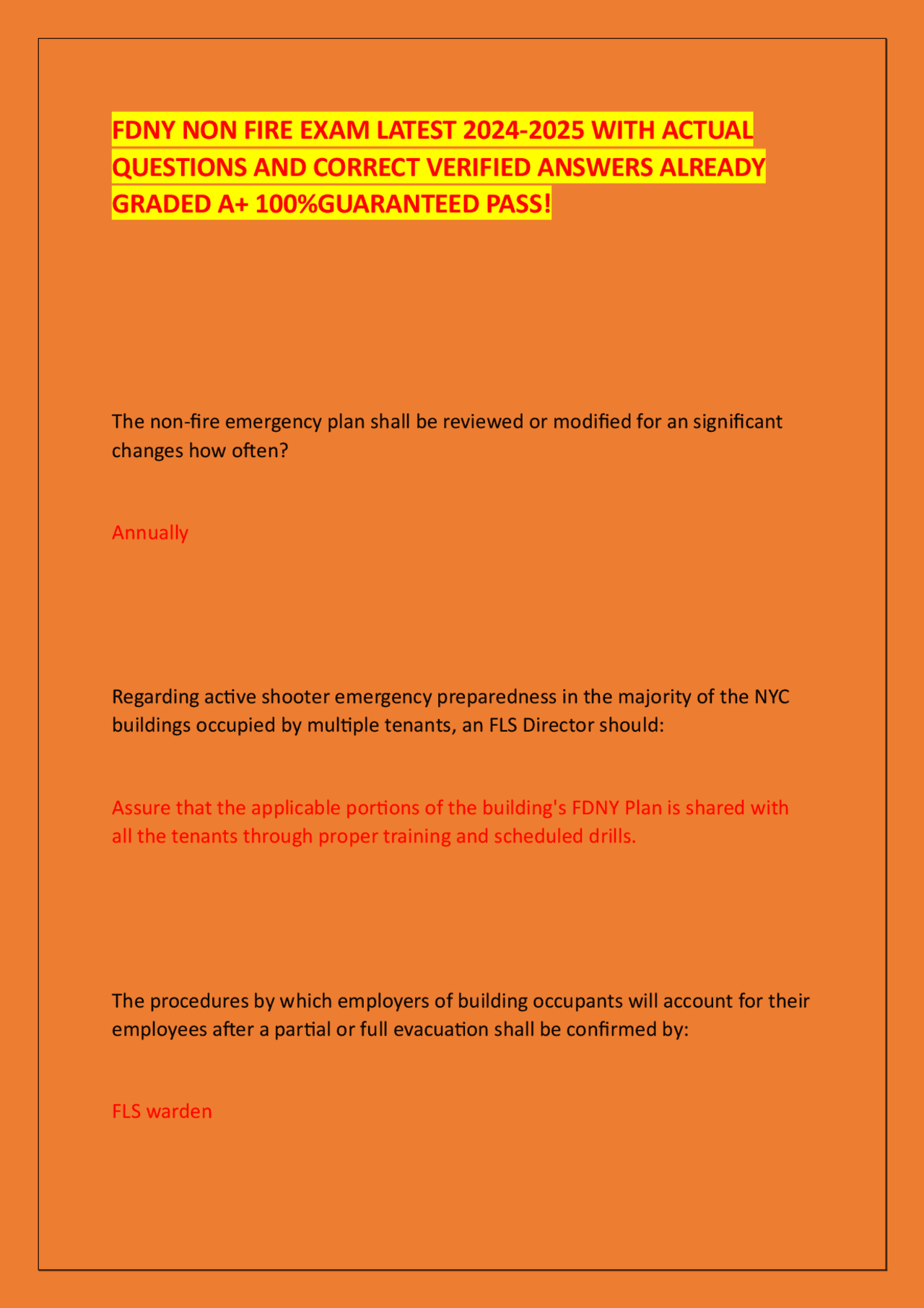 Fdny Non Fire Exam Latest 2024 2025 With Actual Questions And Correct