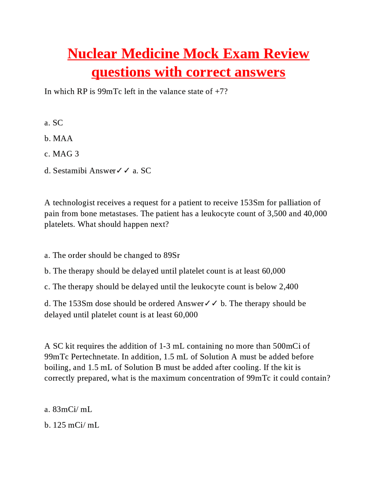 Nuclear Medicine Mock Exam Review questions with correct answers | Exams Nuclear medicine | Docsity