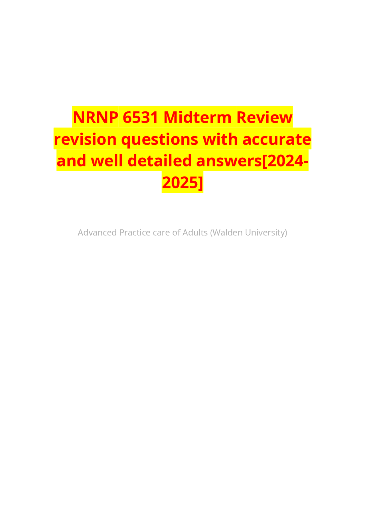 Nrnp 6531 Midterm Review Revision Questions With Accurate And Well
