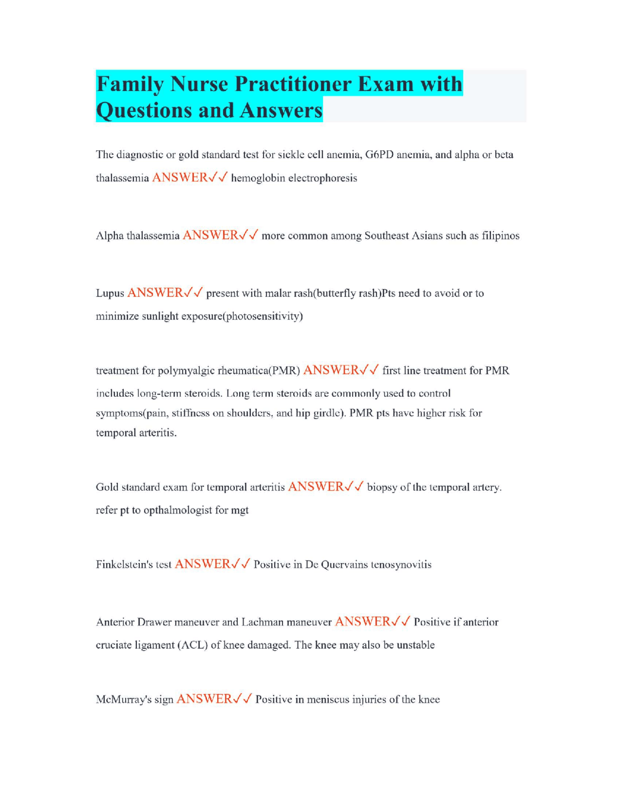 Family Nurse Practitioner Exam with Questions and Answers | Exams ...