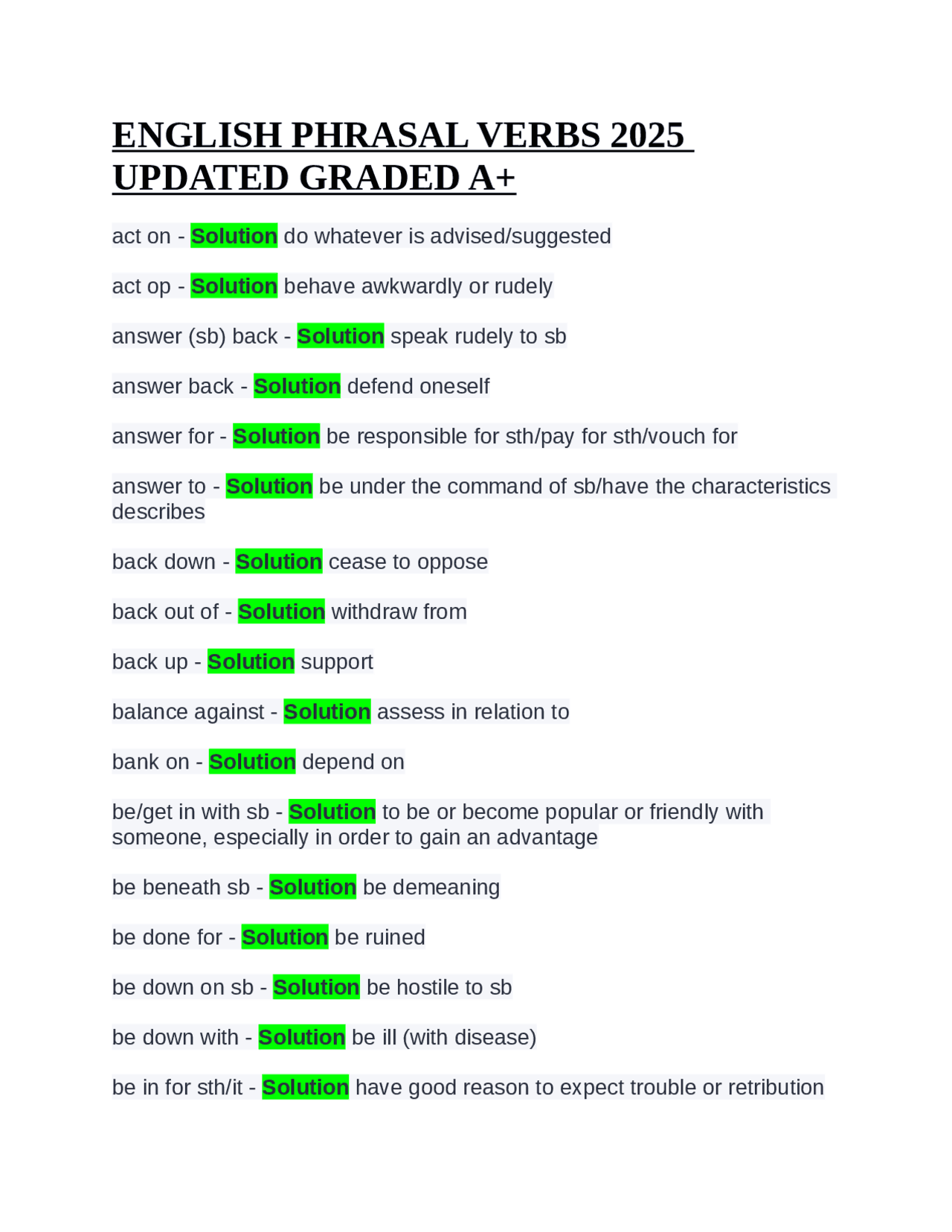 ENGLISH PHRASAL VERBS 2025 UPDATED GRADED A+ | Exams Nursing | Docsity