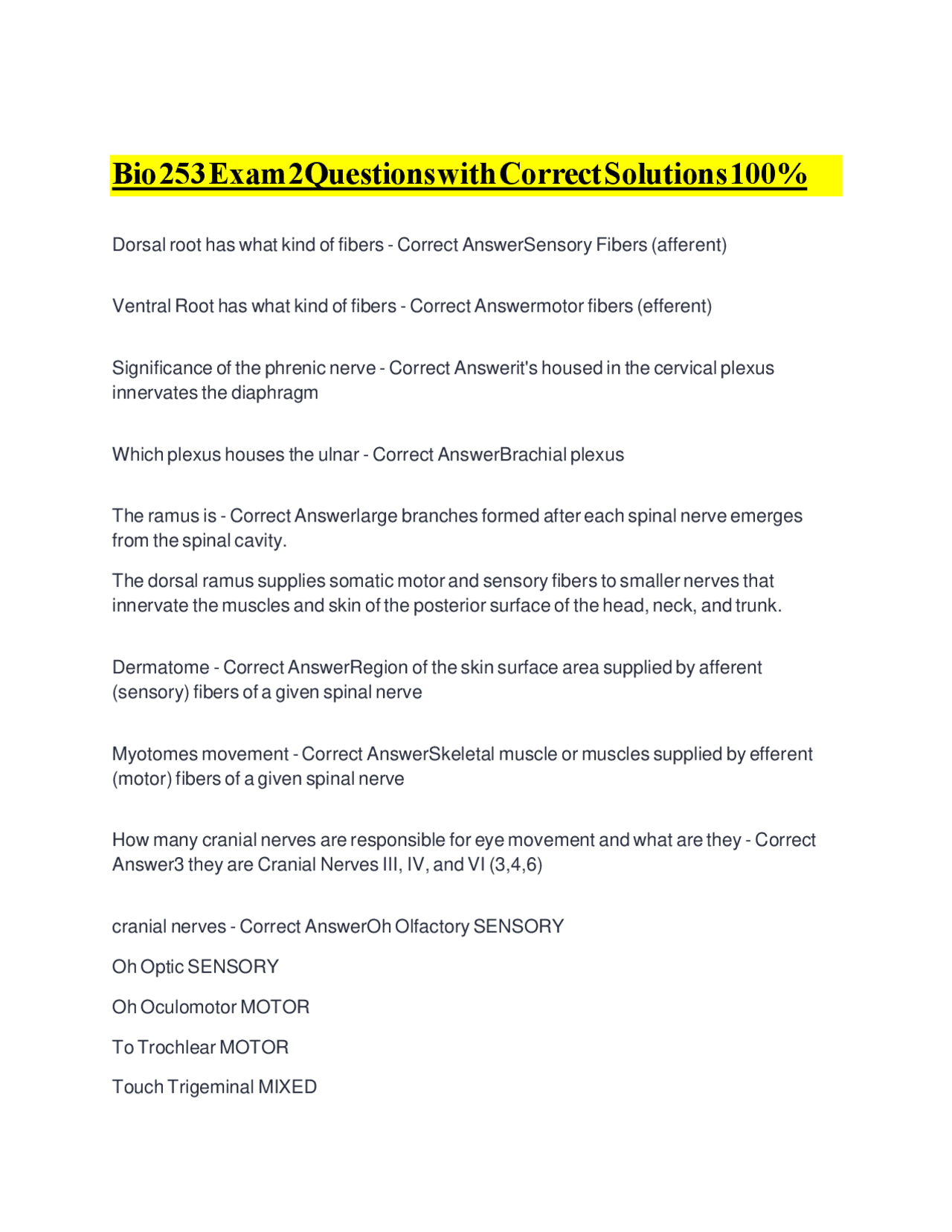 Bio 253 Exam 2Questions with Correct Solutions 100% | Exams Nursing ...