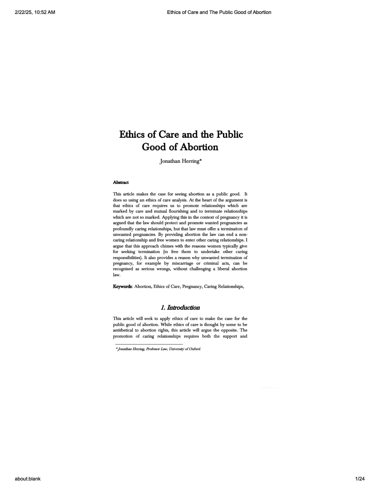Ethics of Care the Public Good of Abortion | Lecture notes Law | Docsity