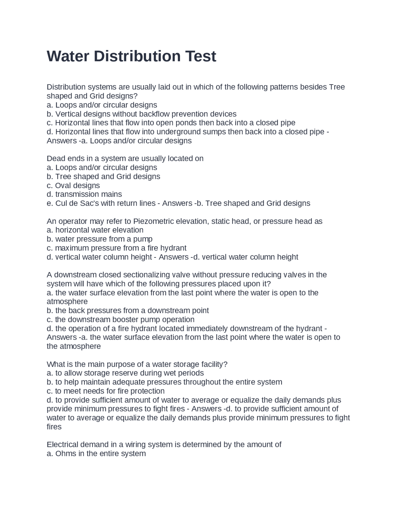 Water Distribution Systems: Multiple Choice Questions and Answers ...