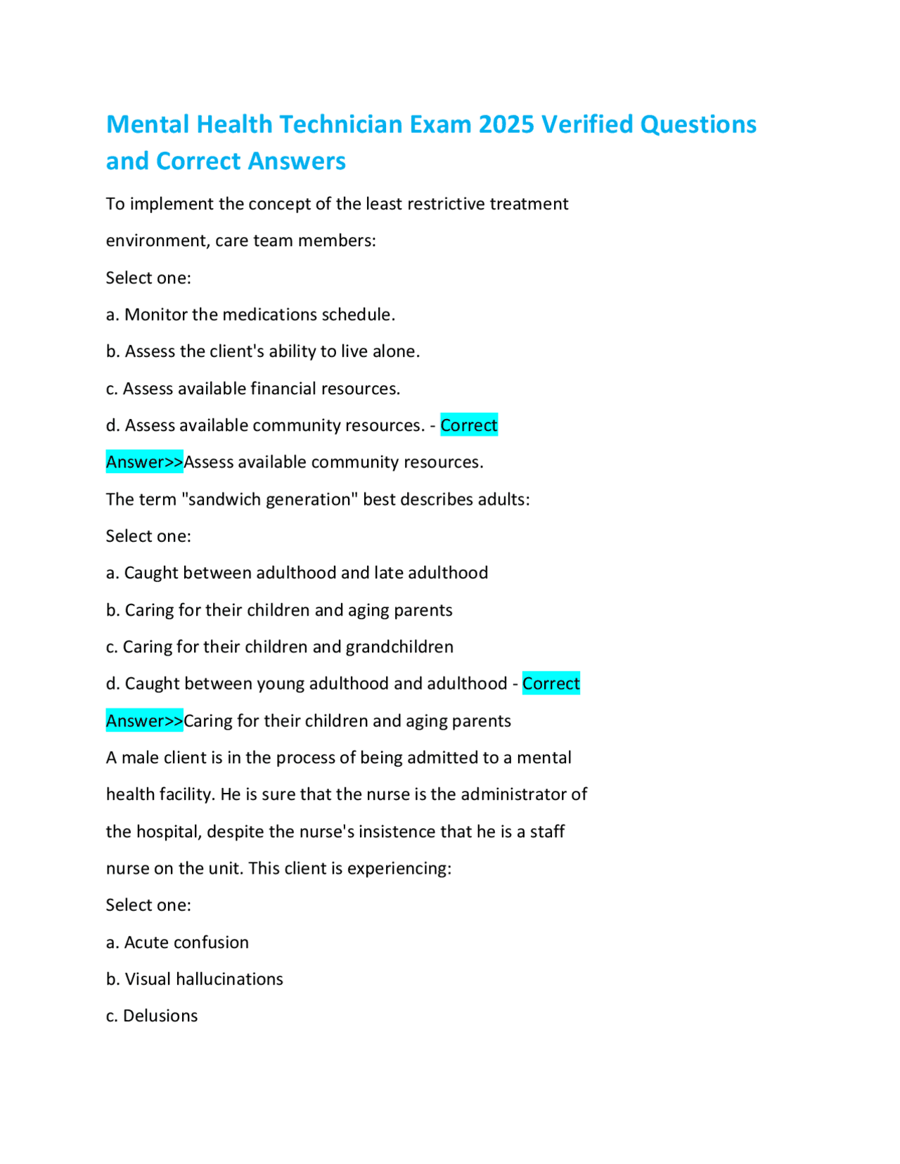 Mental Health Technician Exam 2025 Verified Questions and Correct ...