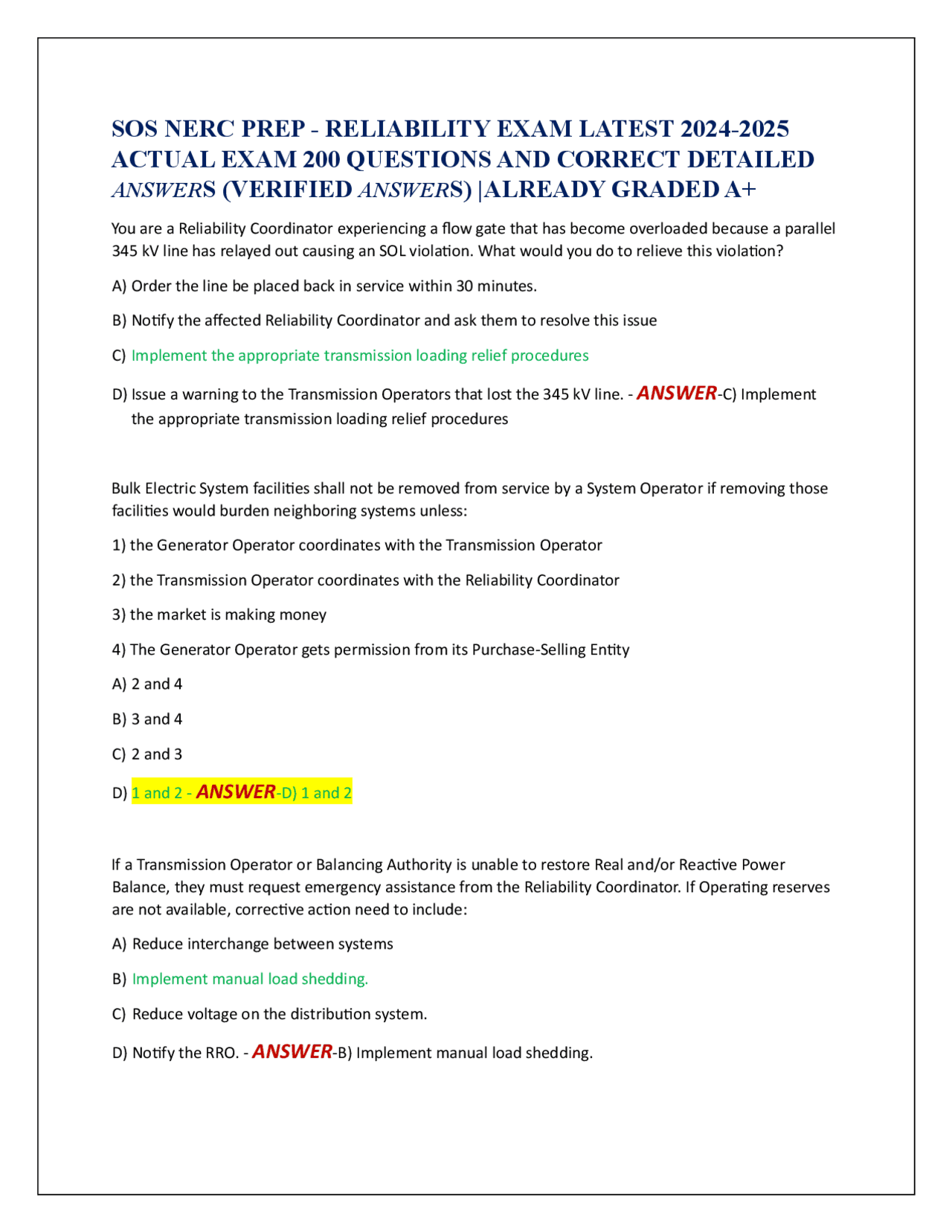Reliability Exam Question SOS NERC PREP - RELIABILITY EXAM LATEST 2024-2025 ACTUAL EXAM 200 ...