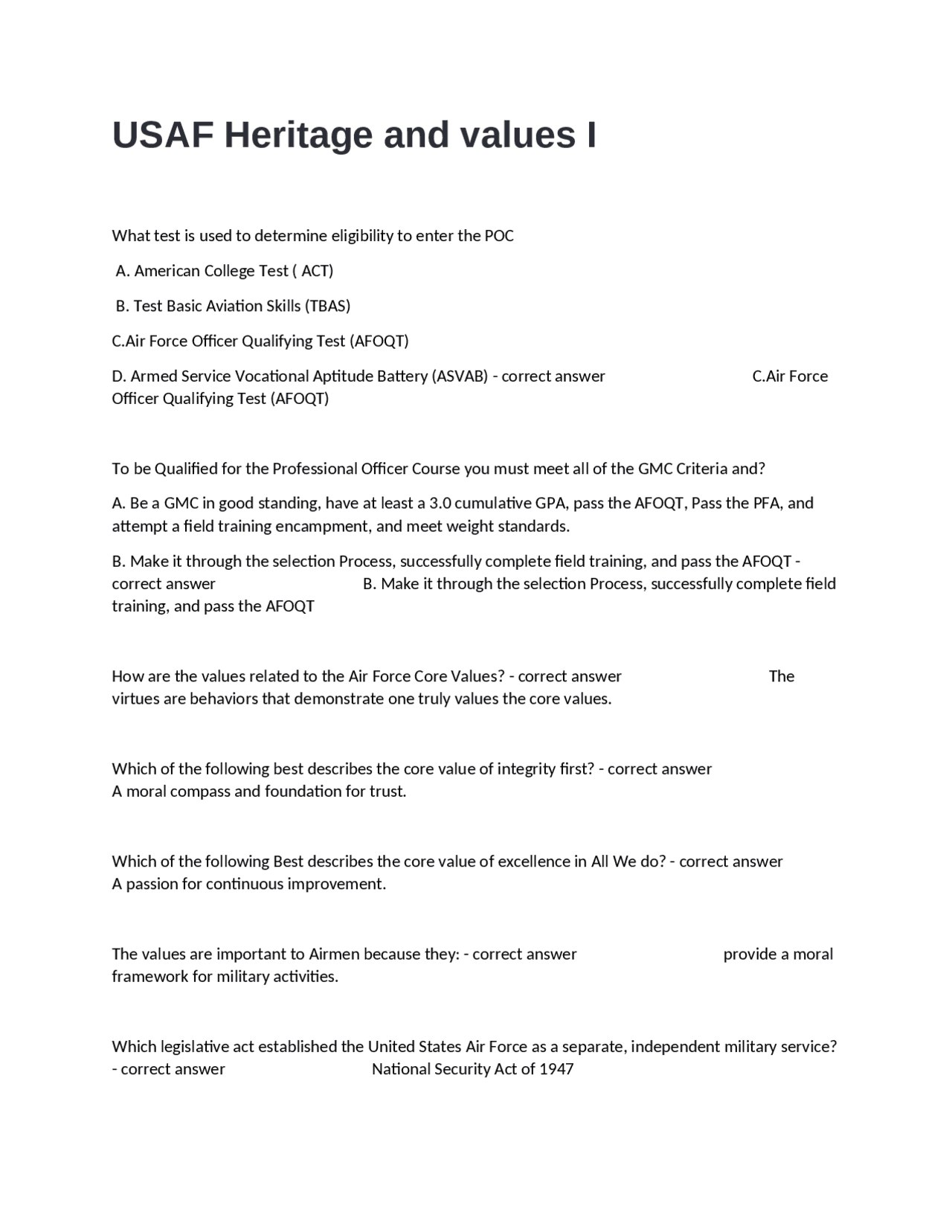 Uasf Core Values USAF Heritage and Values: A Quiz on Air Force History, Core Values, and ...
