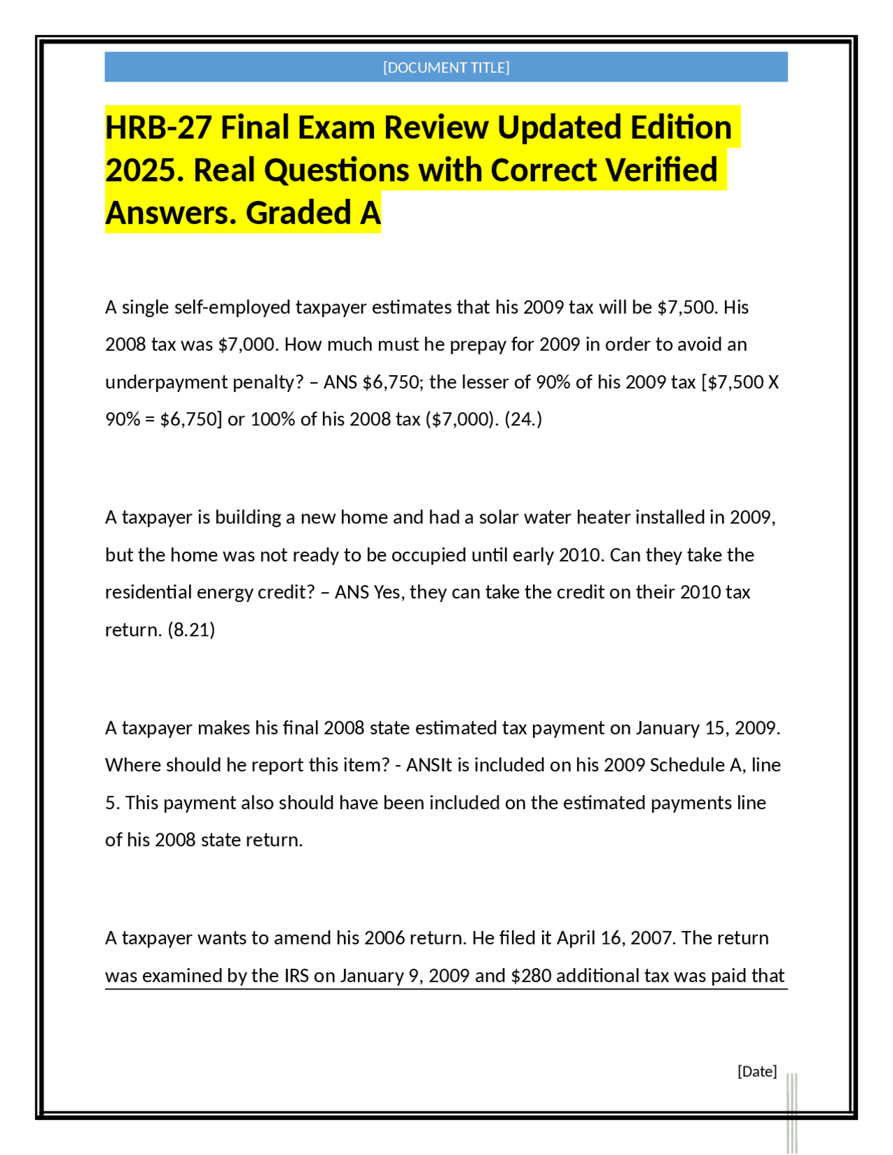 HRB-27 Final Exam Review Updated Edition 2025. Real Questions with ...