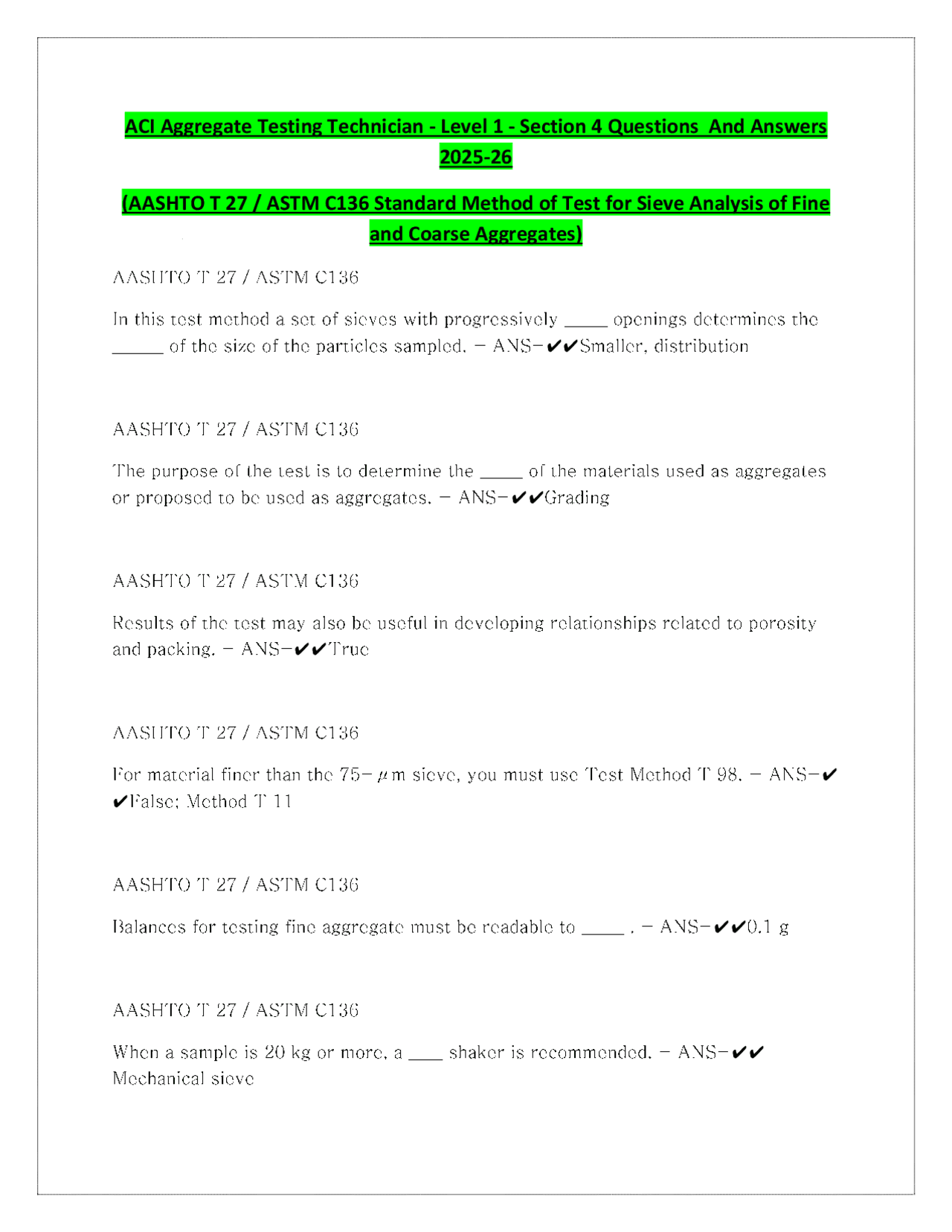ACI Aggregate Testing Technician - Level 1 - Section 4 Questions And ...