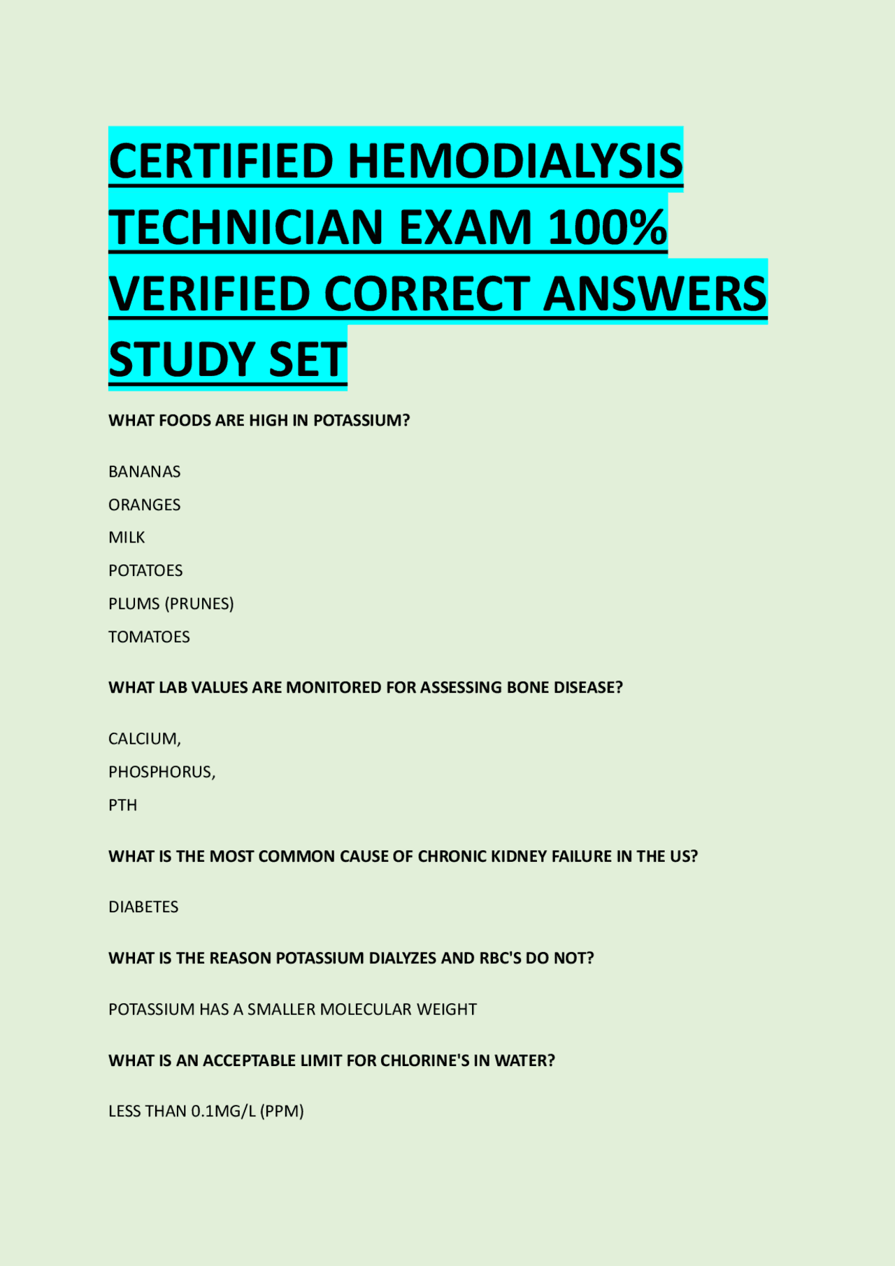 CERTIFIED HEMODIALYSIS TECHNICIAN EXAM 100% VERIFIED CORRECT ANSWERS ...