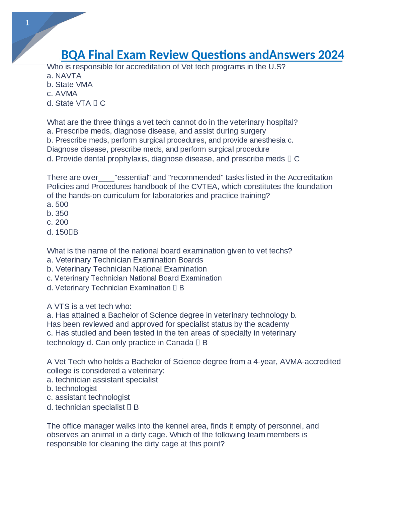 BQA Final Exam Review Questions and Answers 2024: Veterinary Technician ...