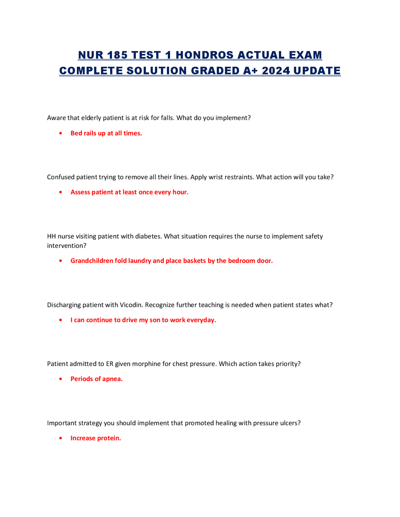 NUR 185 Test 1: HONDROS Actual Exam - Complete Solution Graded A+ 2024 ...