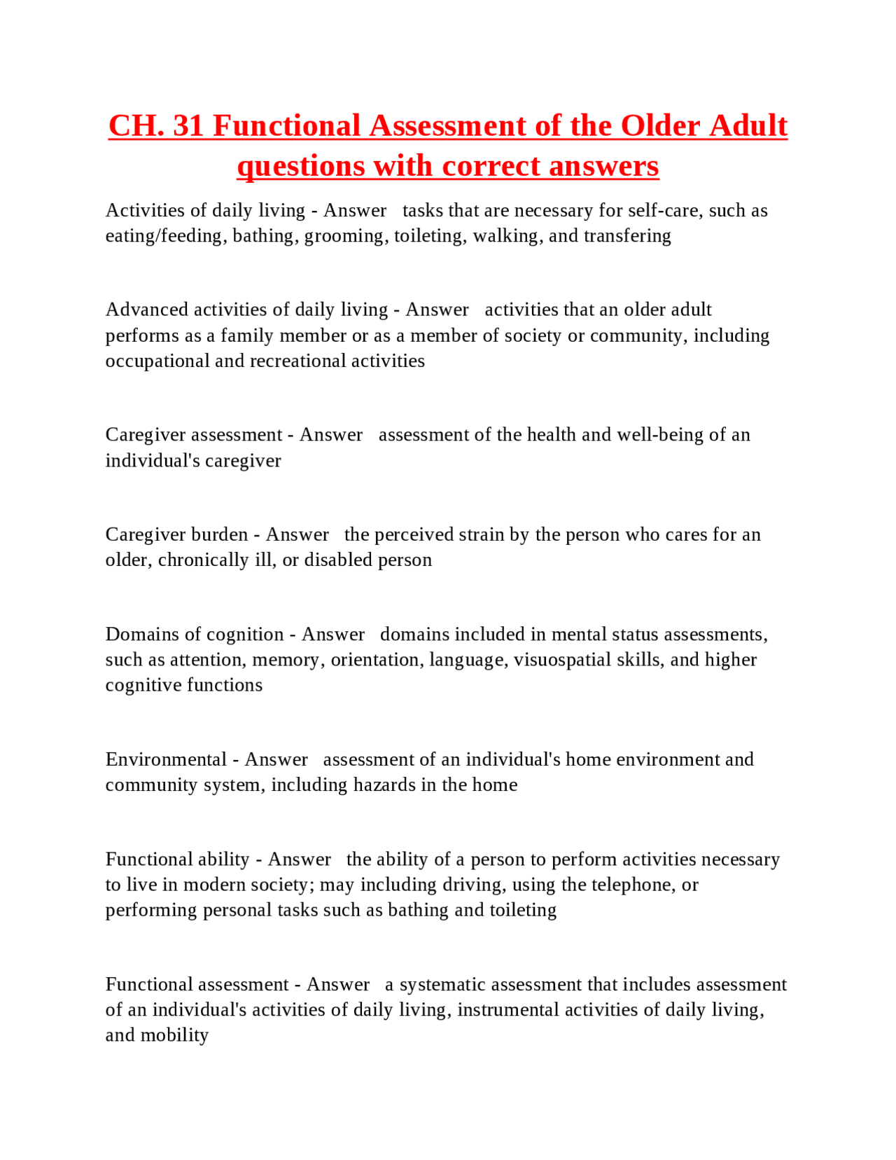 CH. 31 Functional Assessment of the Older Adult questions with correct ...