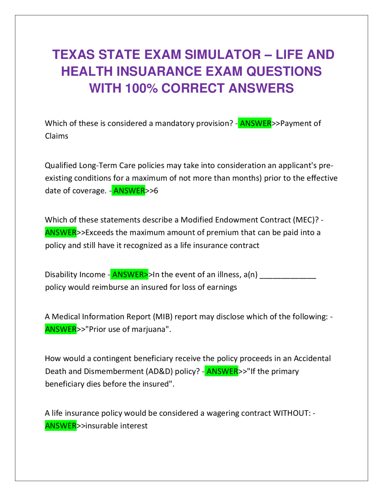 TEXAS STATE EXAM SIMULATOR – LIFE AND HEALTH INSUARANCE EXAM QUESTIONS ...