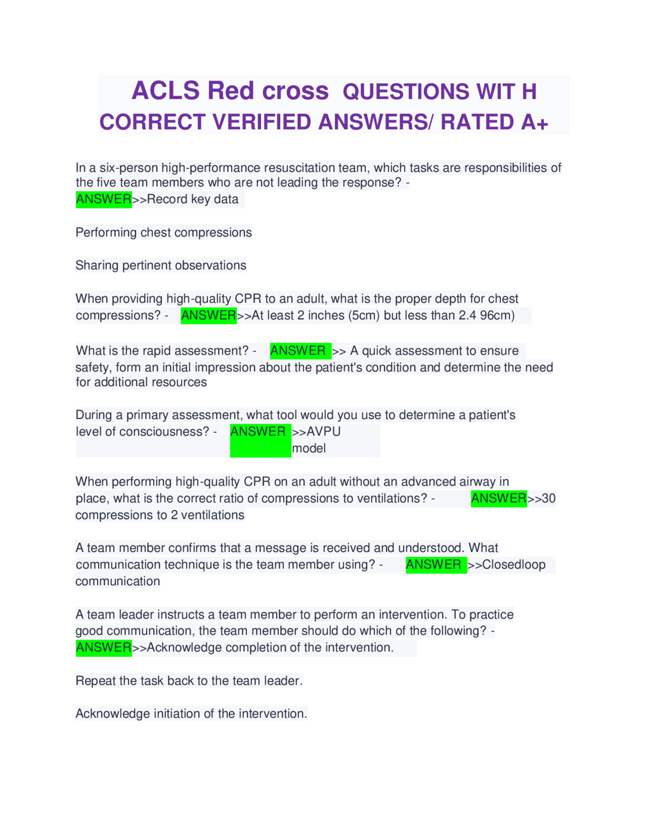 ACLS Red Cross Questions with Verified Answers | Exams Nursing | Docsity