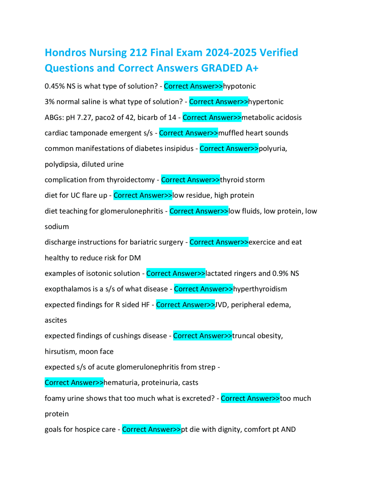 Hondros Nursing 212 Final Exam 2024-2025 Verified Questions and Correct ...