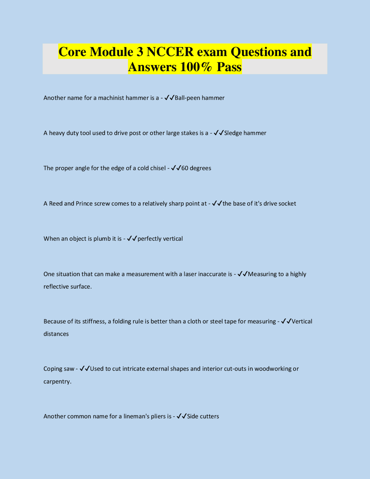 Nccer Module Resource Control Core Module 3 NCCER exam Questions and Answers 100% Pass | Exams ...