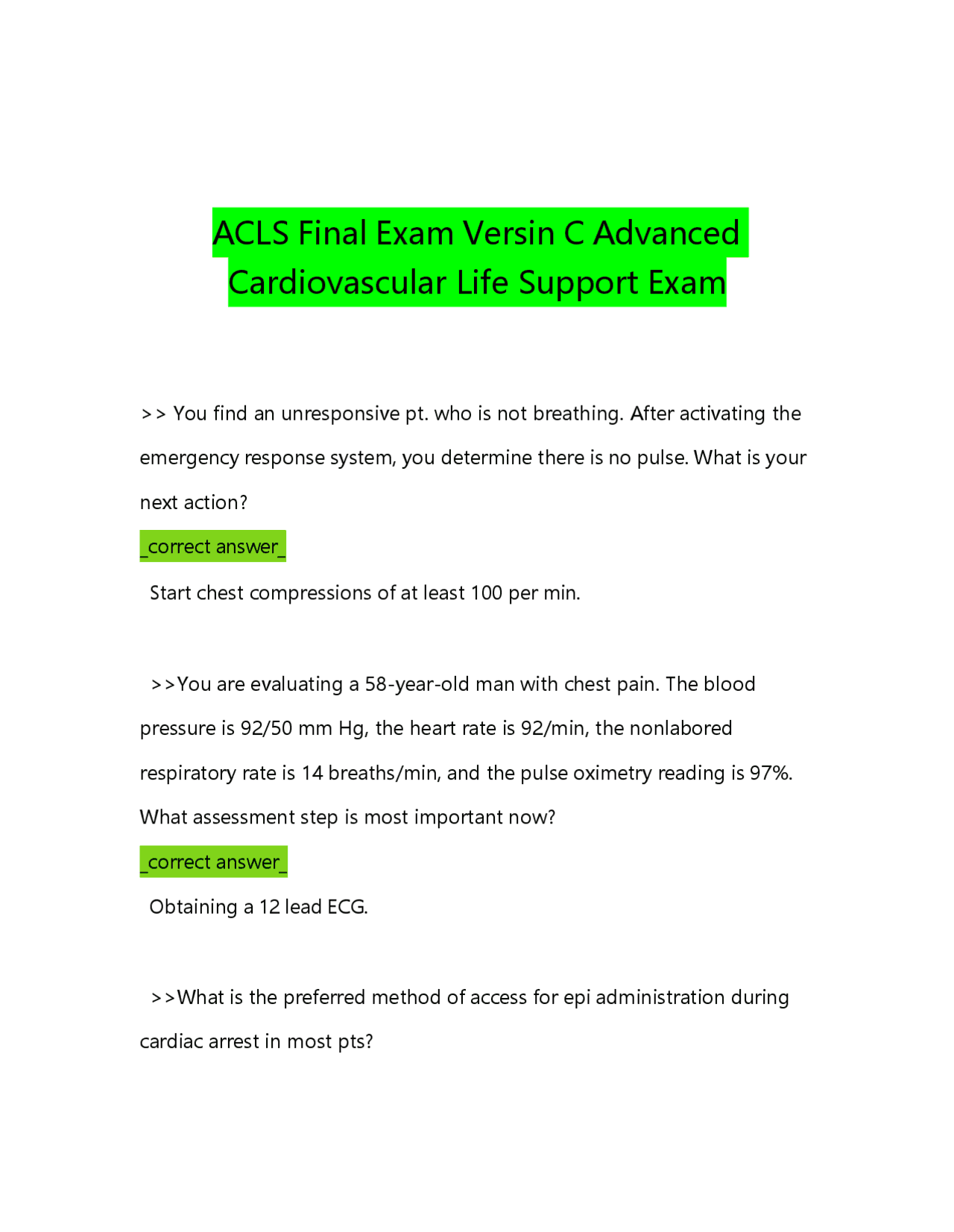 ACLS Final Exam Version C: Advanced Cardiovascular Life Support | Exams ...
