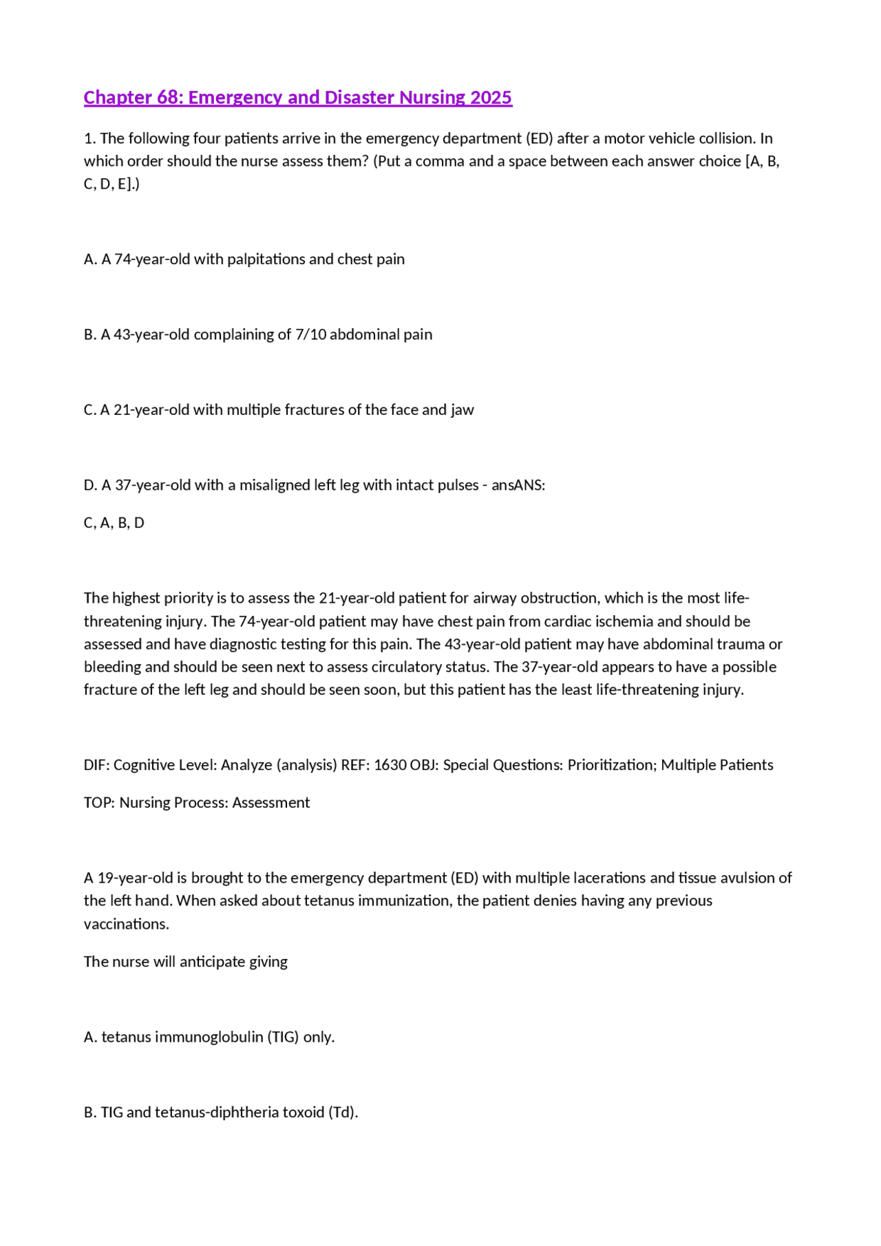 Chapter 68 Emergency and Disaster Nursing | Exercises Nursing | Docsity