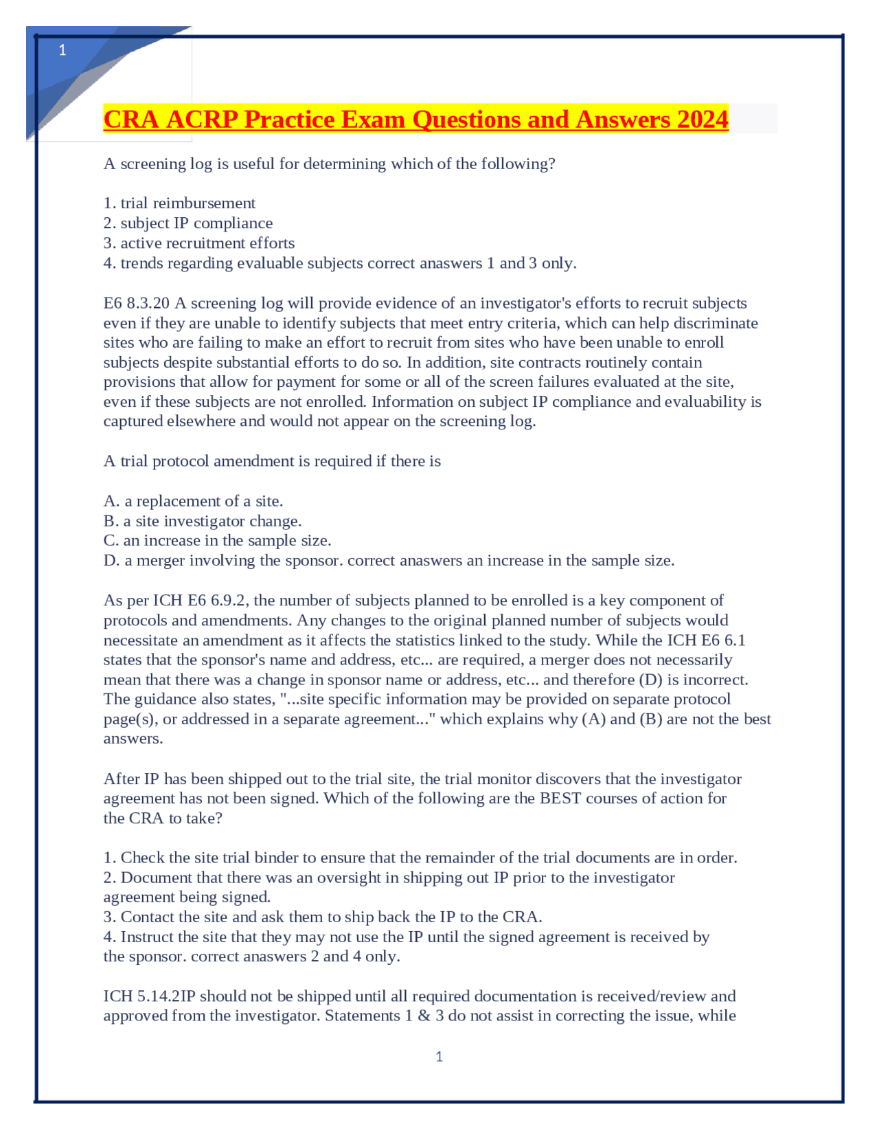 CRA ACRP Practice Exam Questions and Answers 2024 | Exams Nursing | Docsity