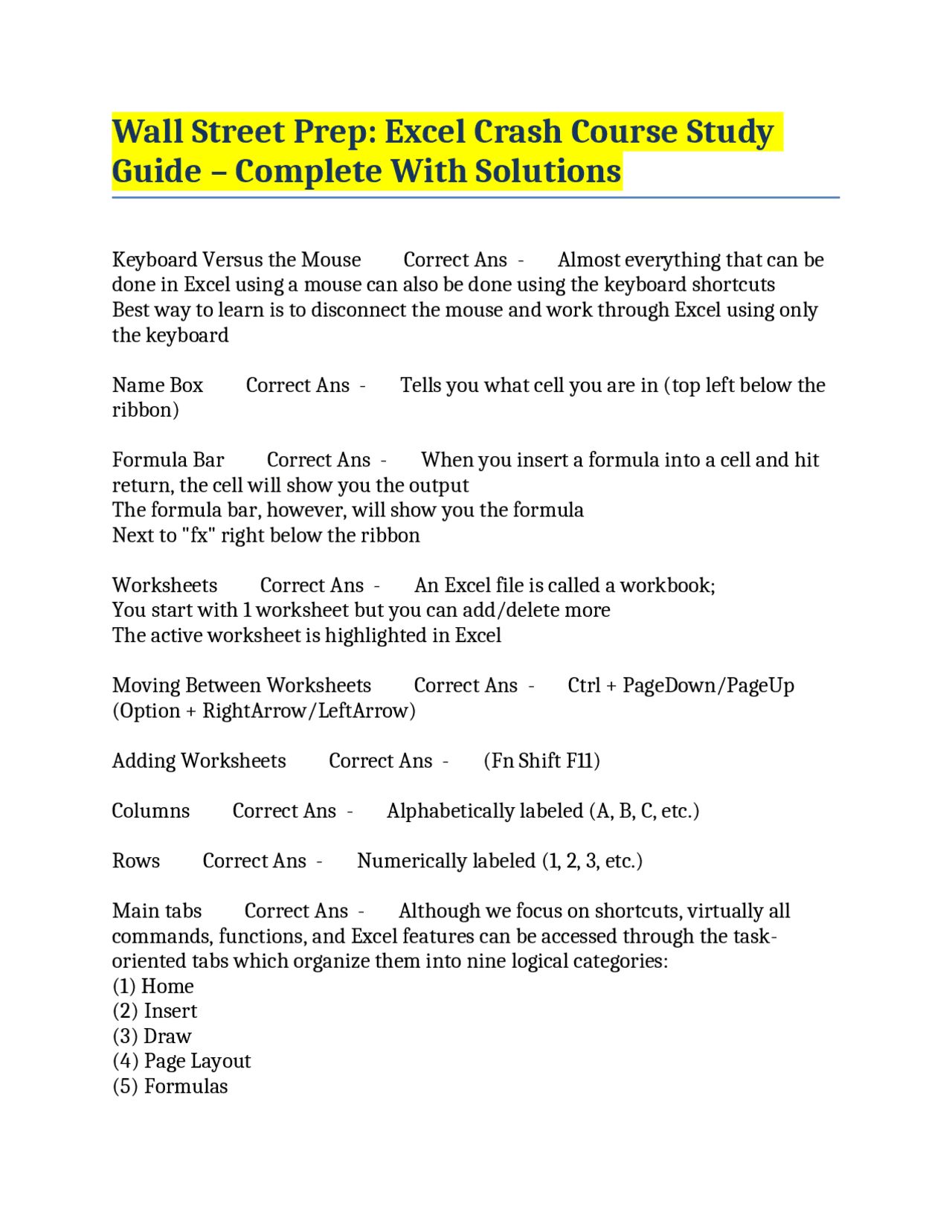 Excel Crash Course Study Guide: Keyboard Shortcuts and Essential ...