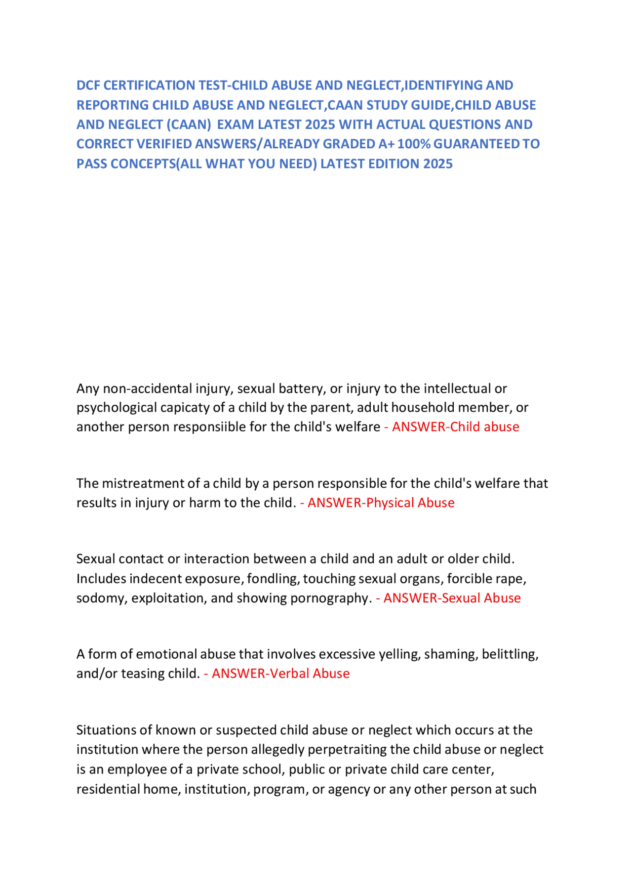 DCF CERTIFICATION TEST-CHILD ABUSE AND NEGLECT,IDENTIFYING AND ...