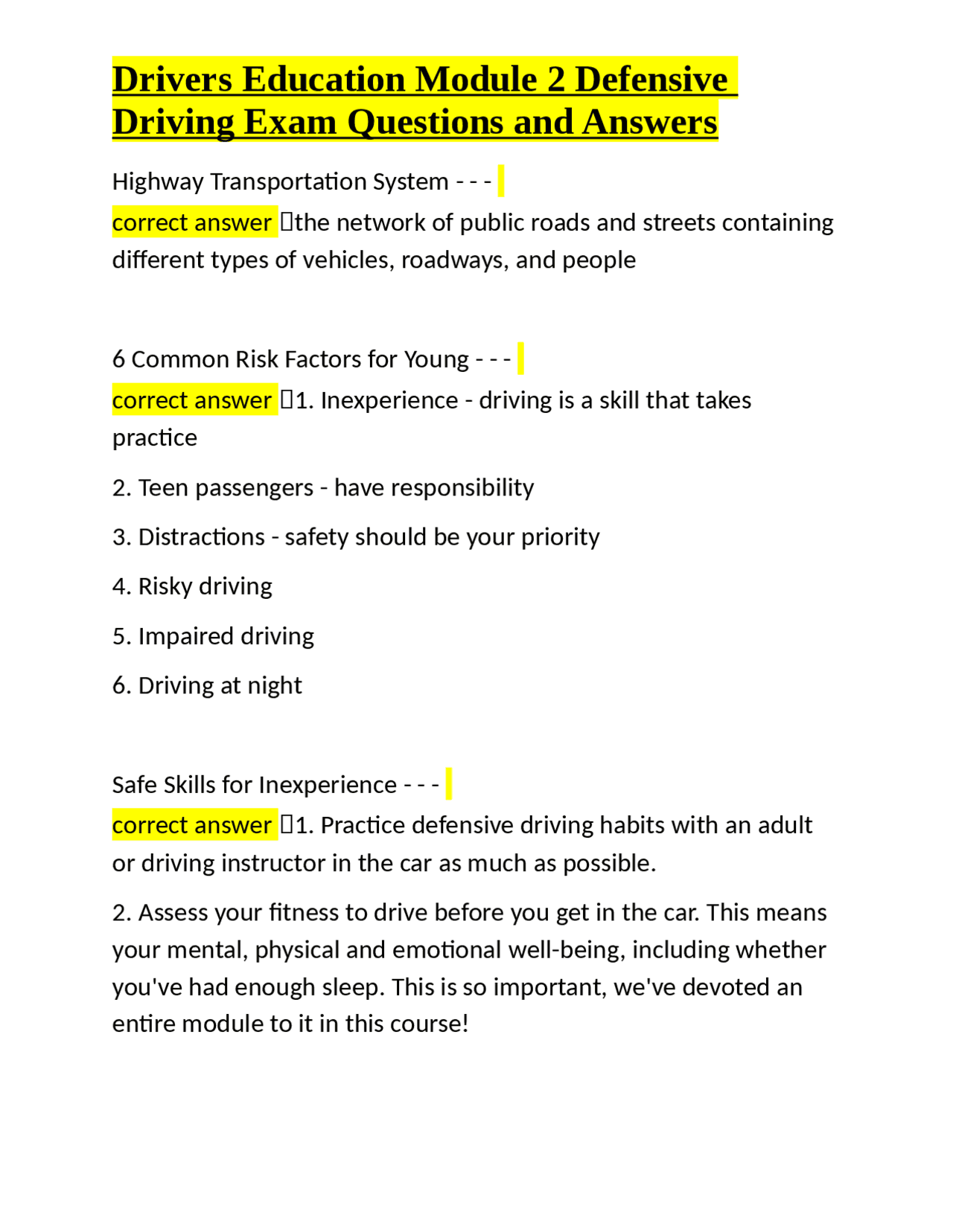 Defensive Driving Exam Questions and Answers: Drivers Education Module ...