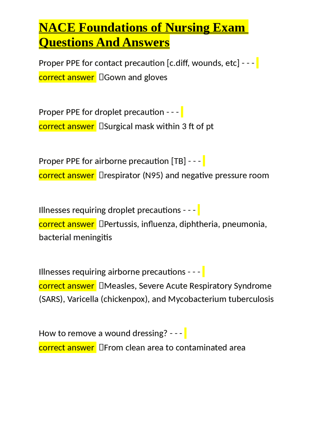 NACE Foundations of Nursing Exam Questions and Answers | Exams Nursing ...