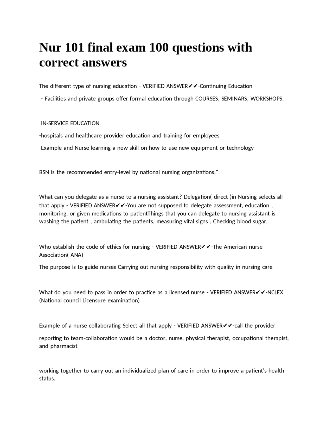 Nursing 101 Final Exam Review: 100 Questions and Answers | Exams ...